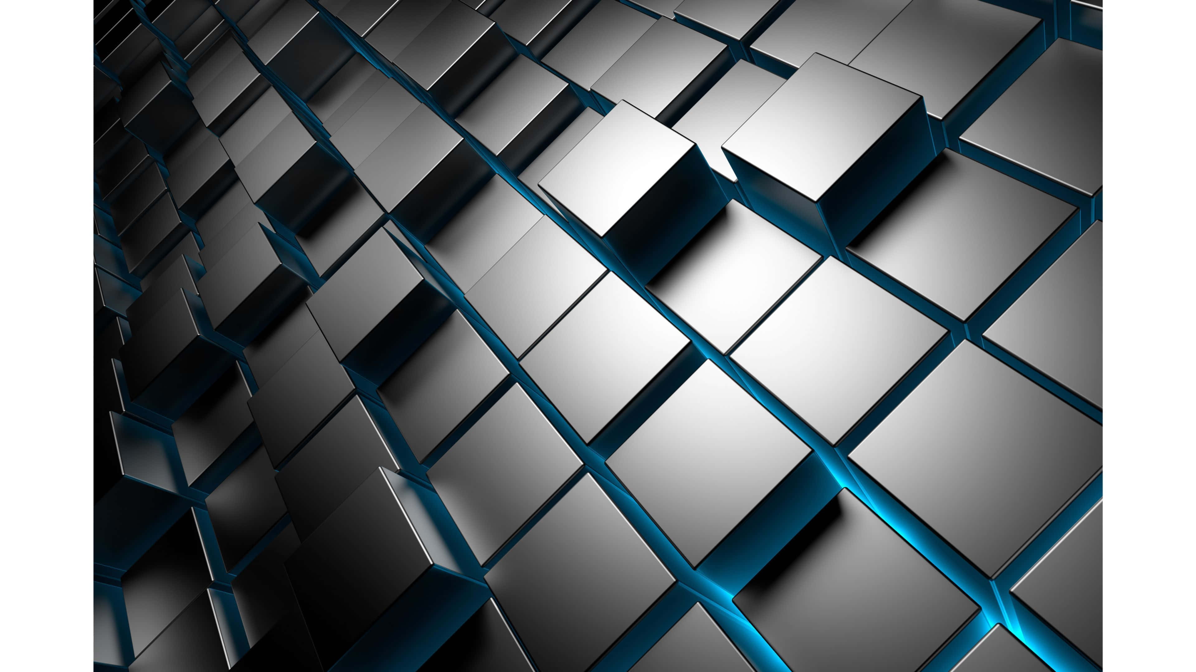 3d abstract, metallic cubes, glowing blue edges, 4K Desktop Wallpaper