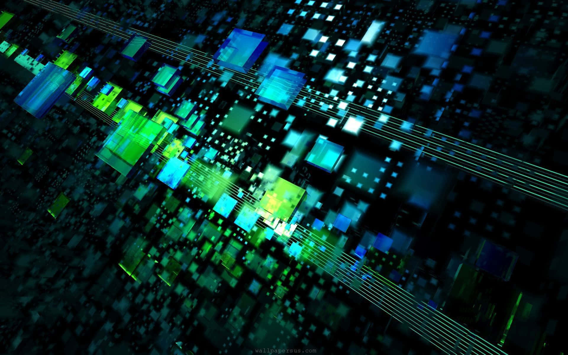 3d abstract, glowing blue, green cubes, Full HD Desktop Wallpaper