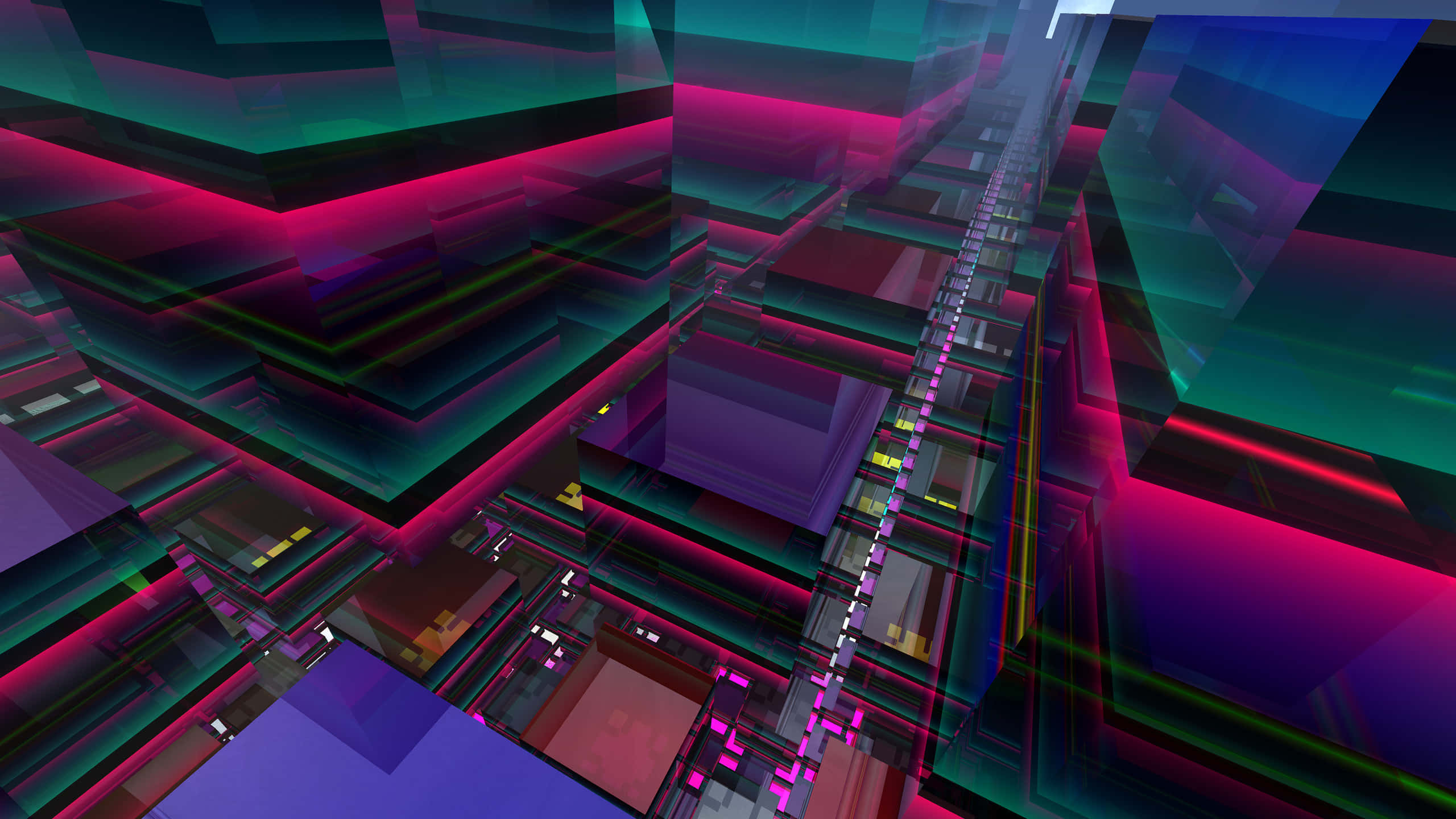 neon-lit, geometric blocks, futuristic digital tunnel, 2K Desktop Wallpaper