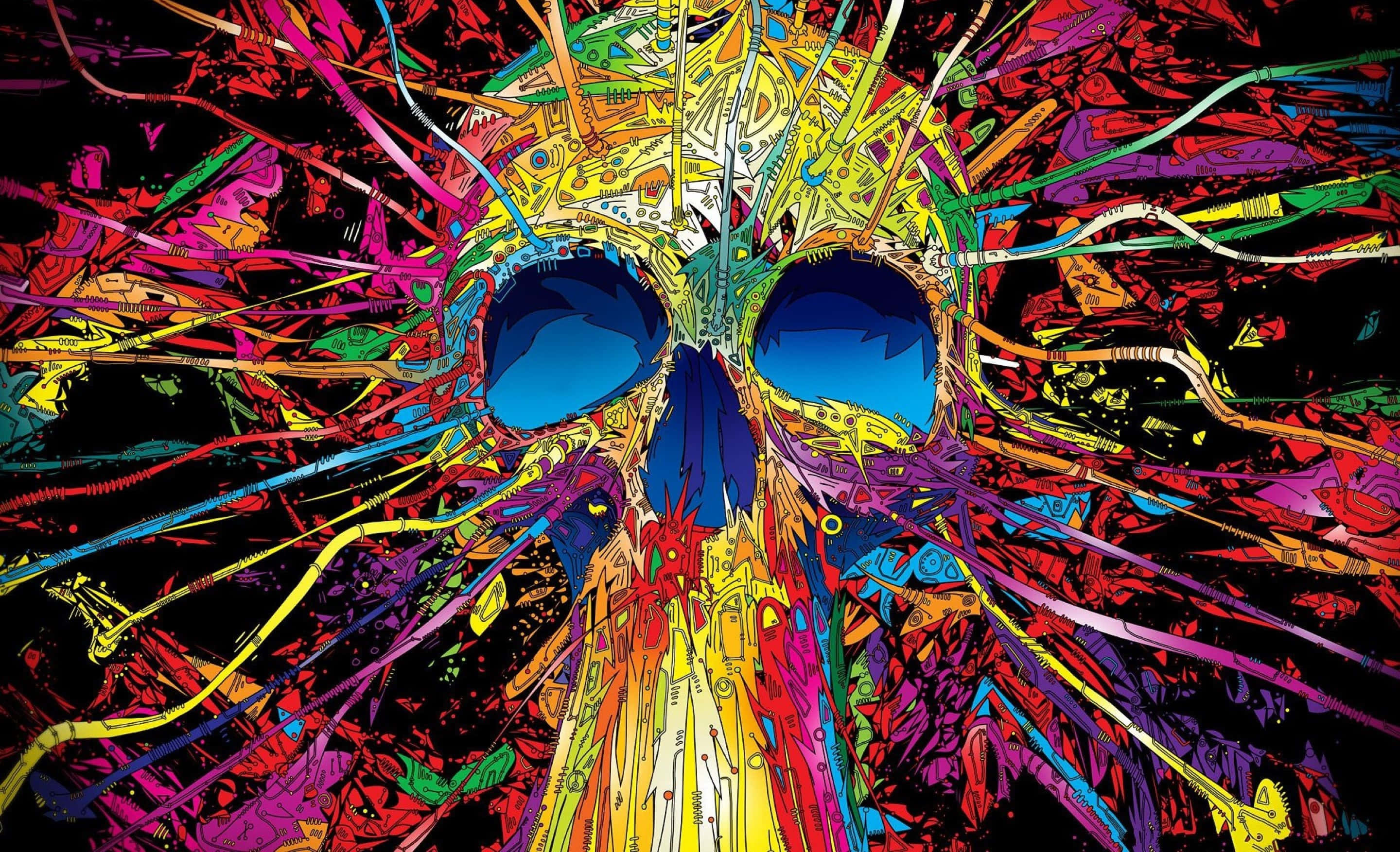 psychedelic 3d art, digital-art skull, explosive multicolored lines, 2K Desktop Wallpaper