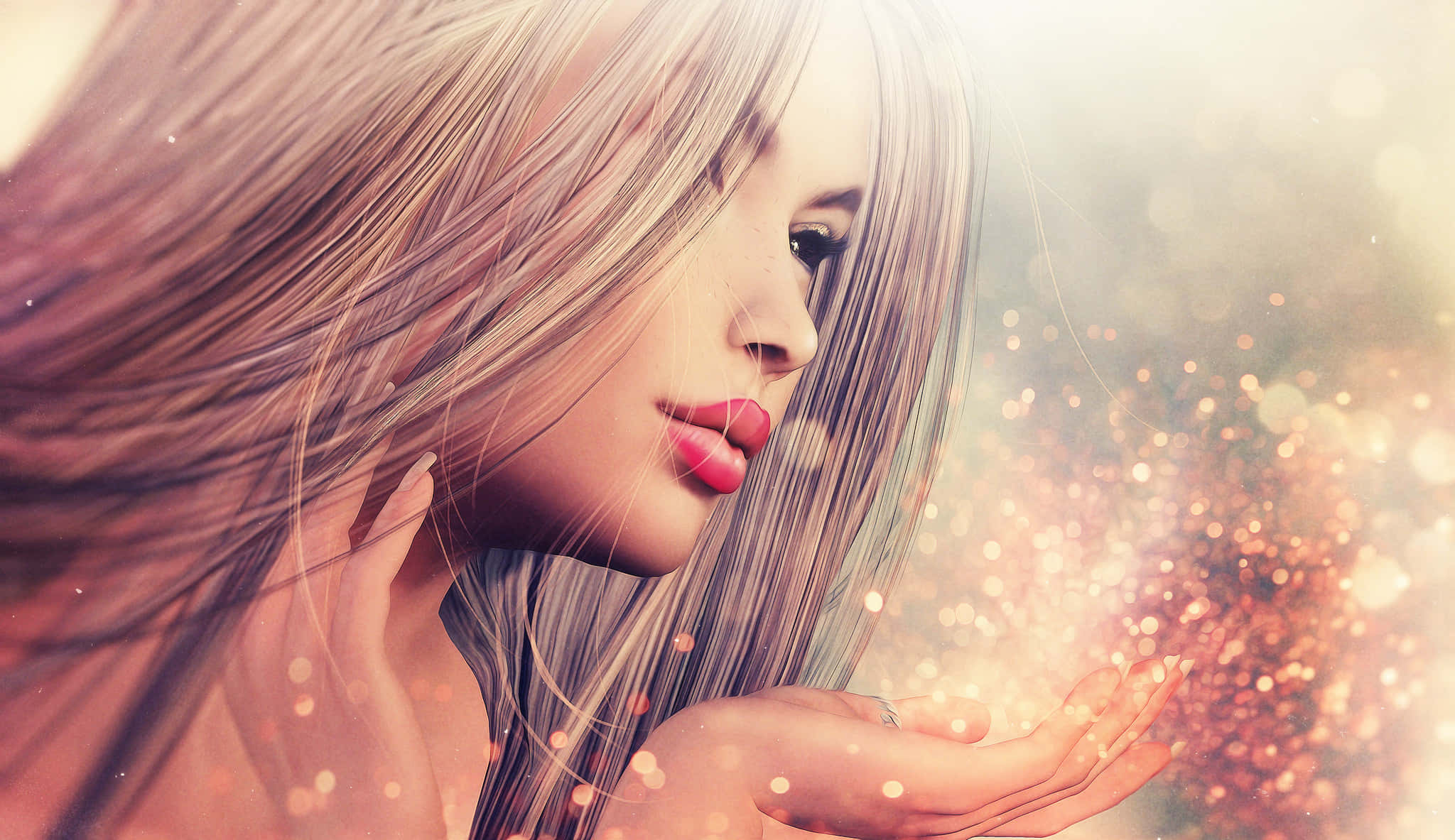 3D Art Render, glowing golden particles, flowing blonde hair, Full HD Desktop Wallpaper