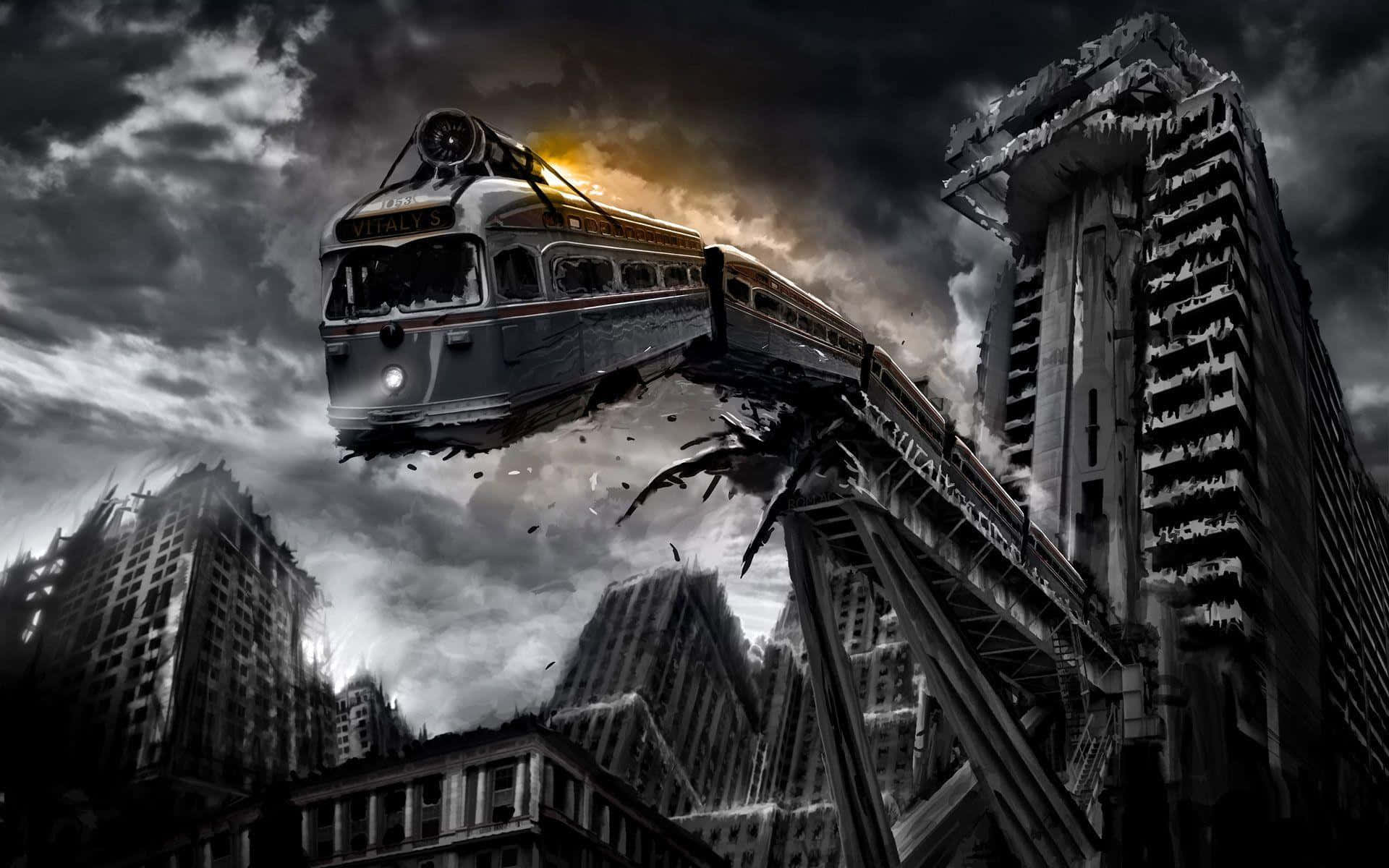 vintage train, shattered bridge, ruined cityscape, Full HD Desktop Wallpaper