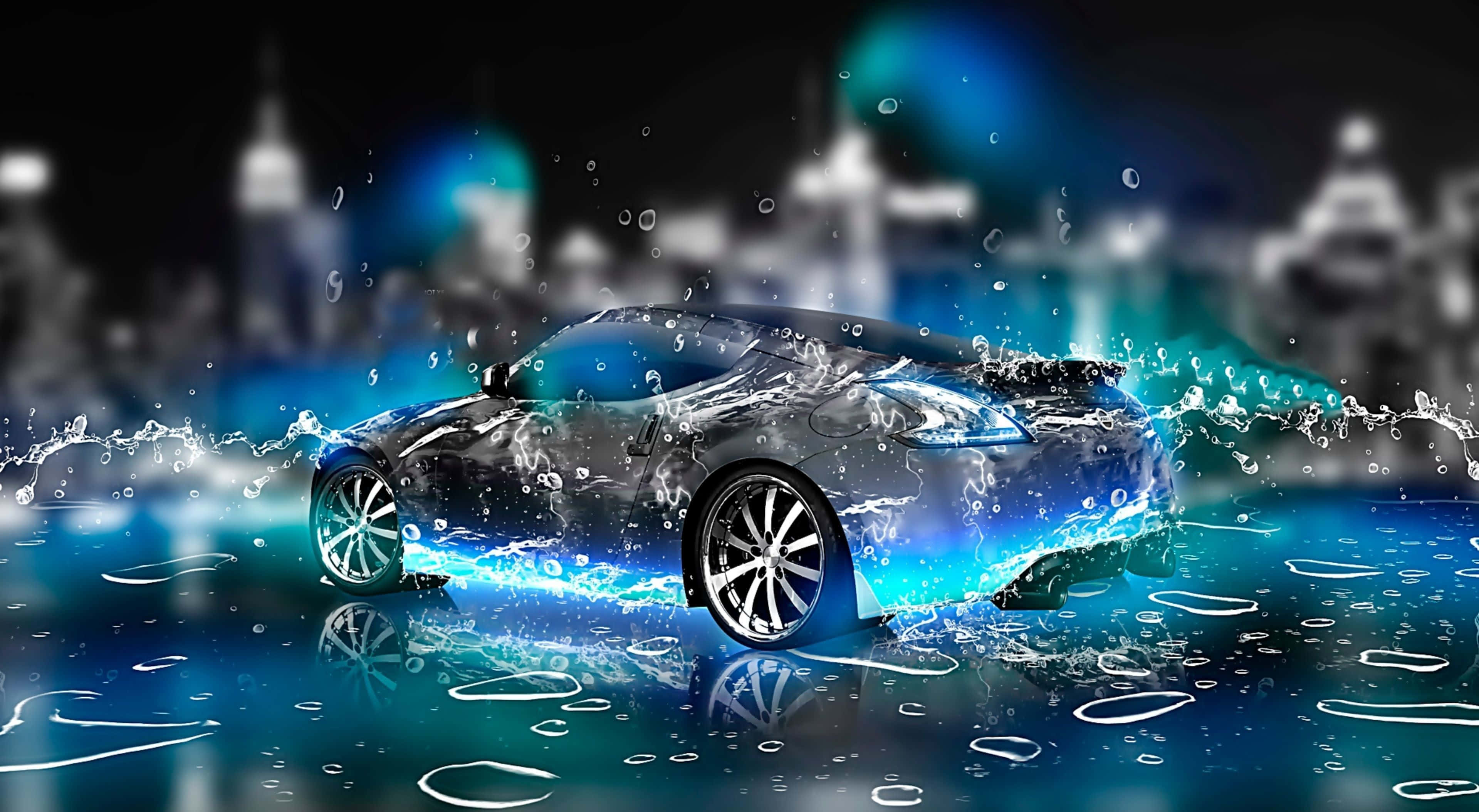sleek black sports car, glowing blue water, blurred city skyline, 2K Desktop Wallpaper