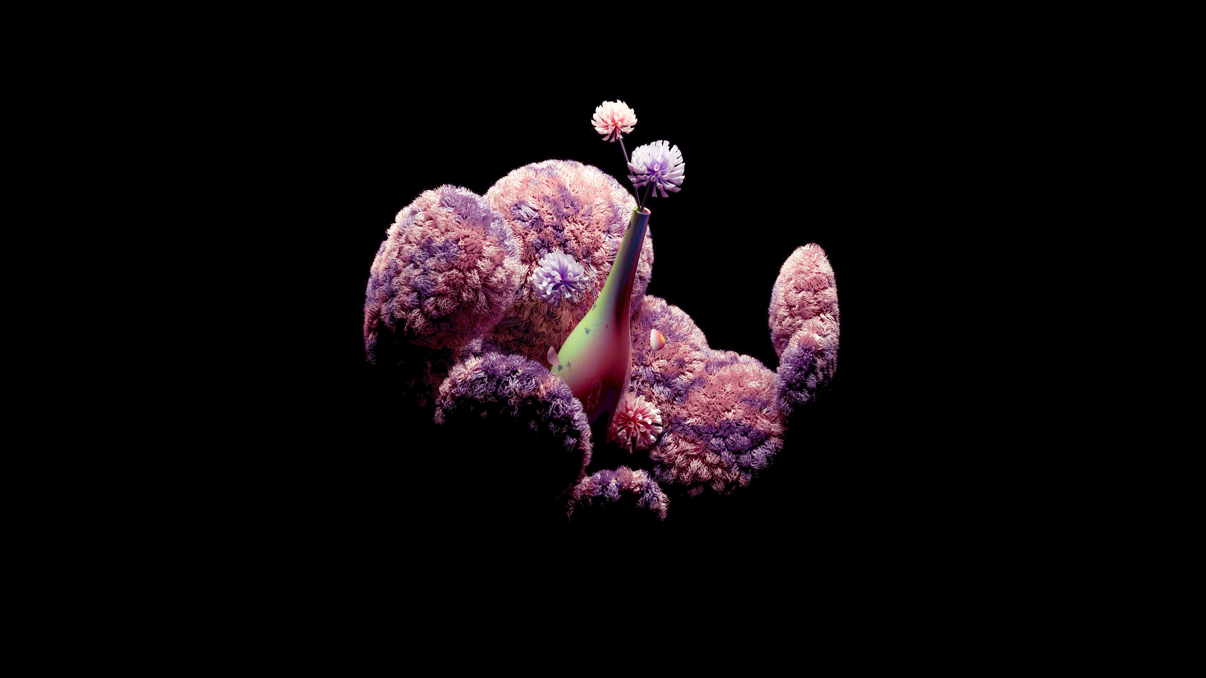 surreal3 d floral composition, fluffy purple teddy bear, black, 4K Desktop Wallpaper