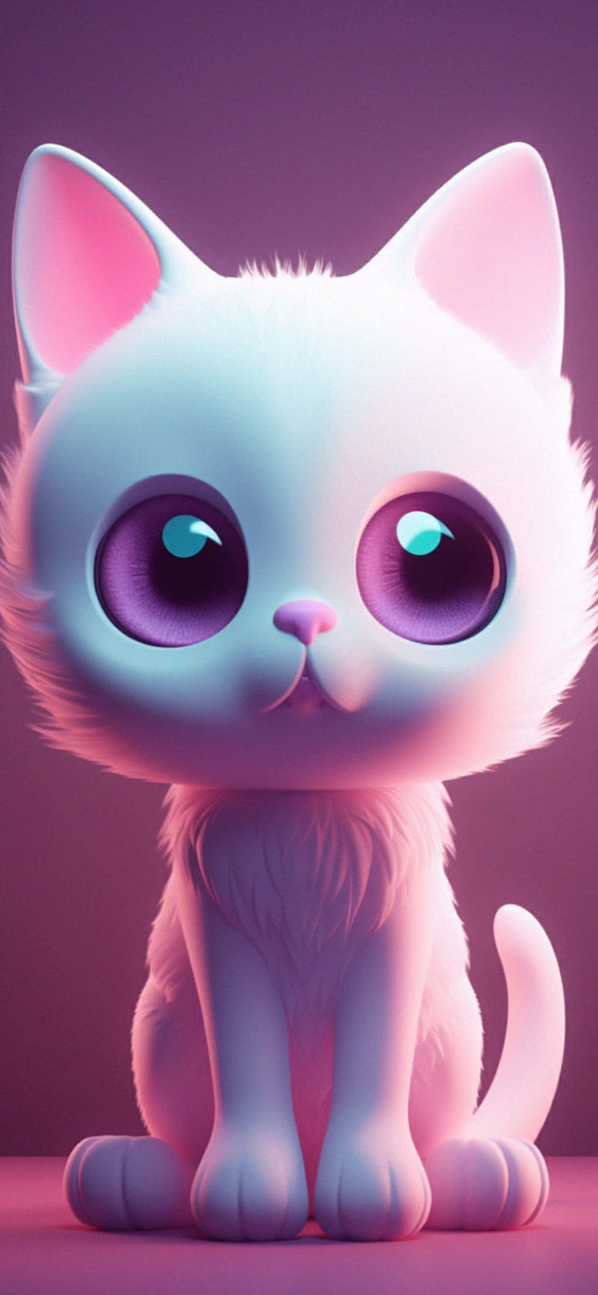 cute3 d cartoon kitten, white kitten, glowing purple eyes, 2K Phone Wallpaper