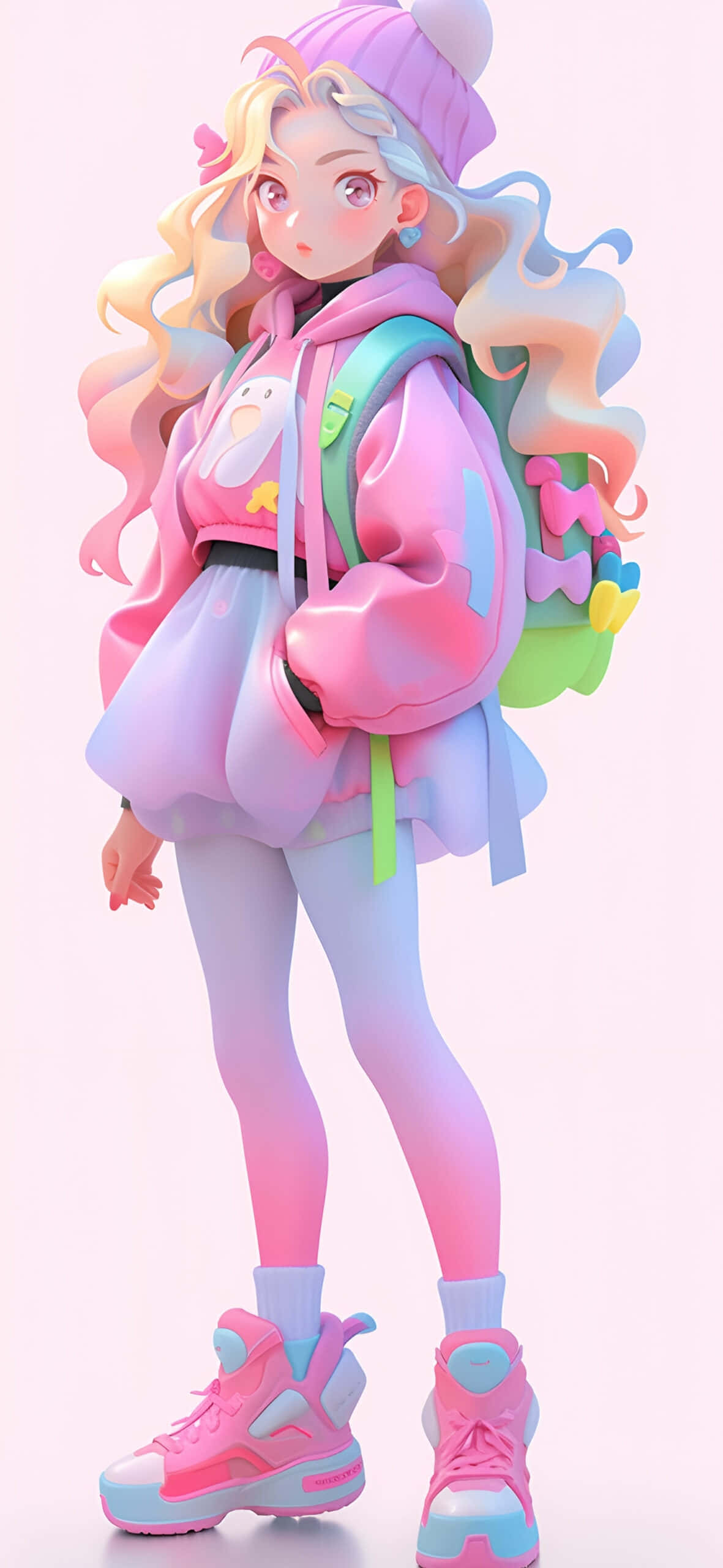 pastel colored3 d anime girl, pink hoodie, colorful backpack, 2K Phone Wallpaper