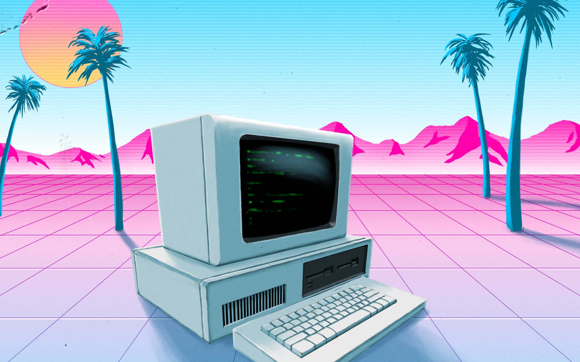 retro computer, green code, pink grid desert, Full HD Desktop Wallpaper