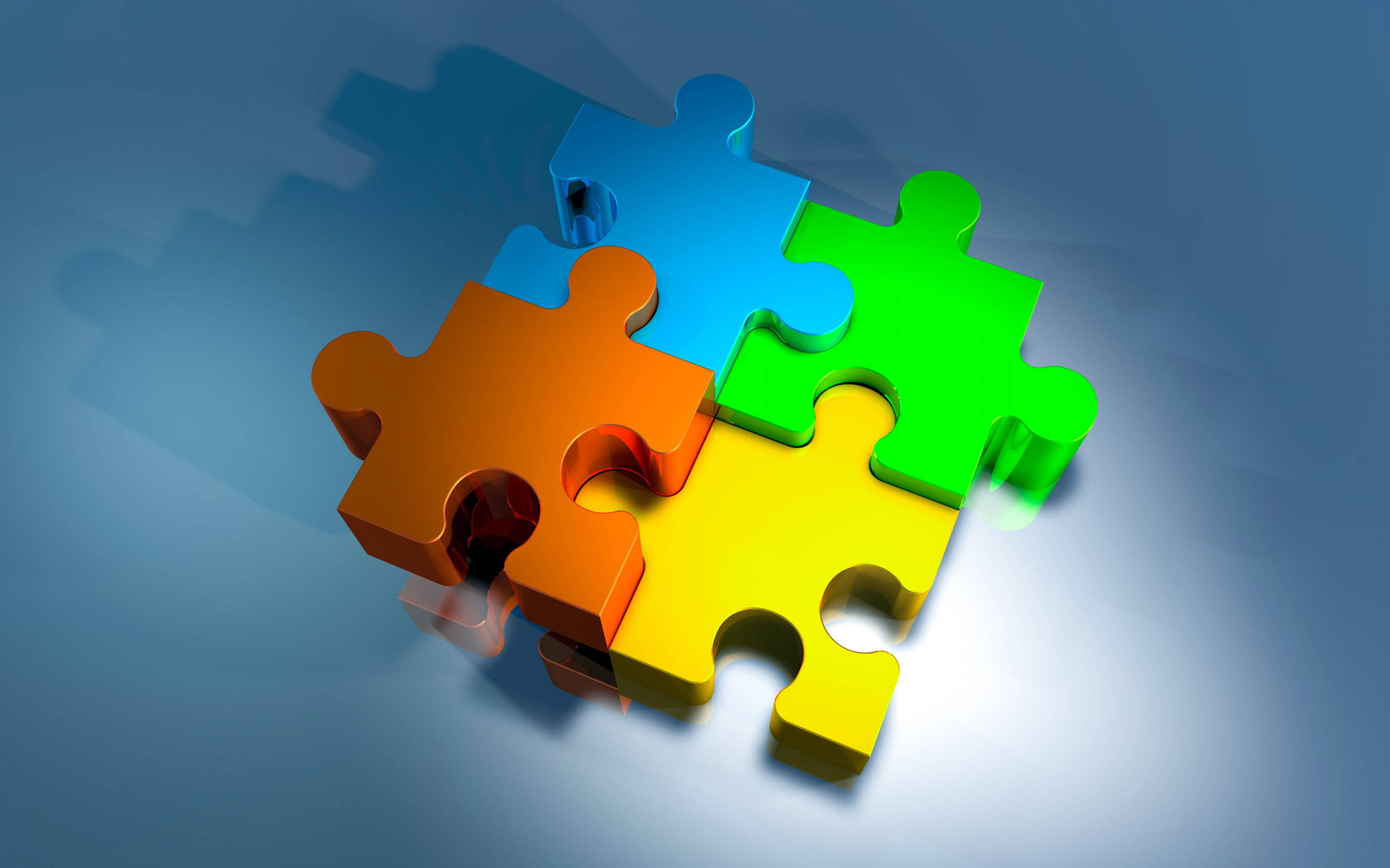 3d puzzle pieces, orange blue green yellow, gradient blue surface, 2K Desktop Wallpaper