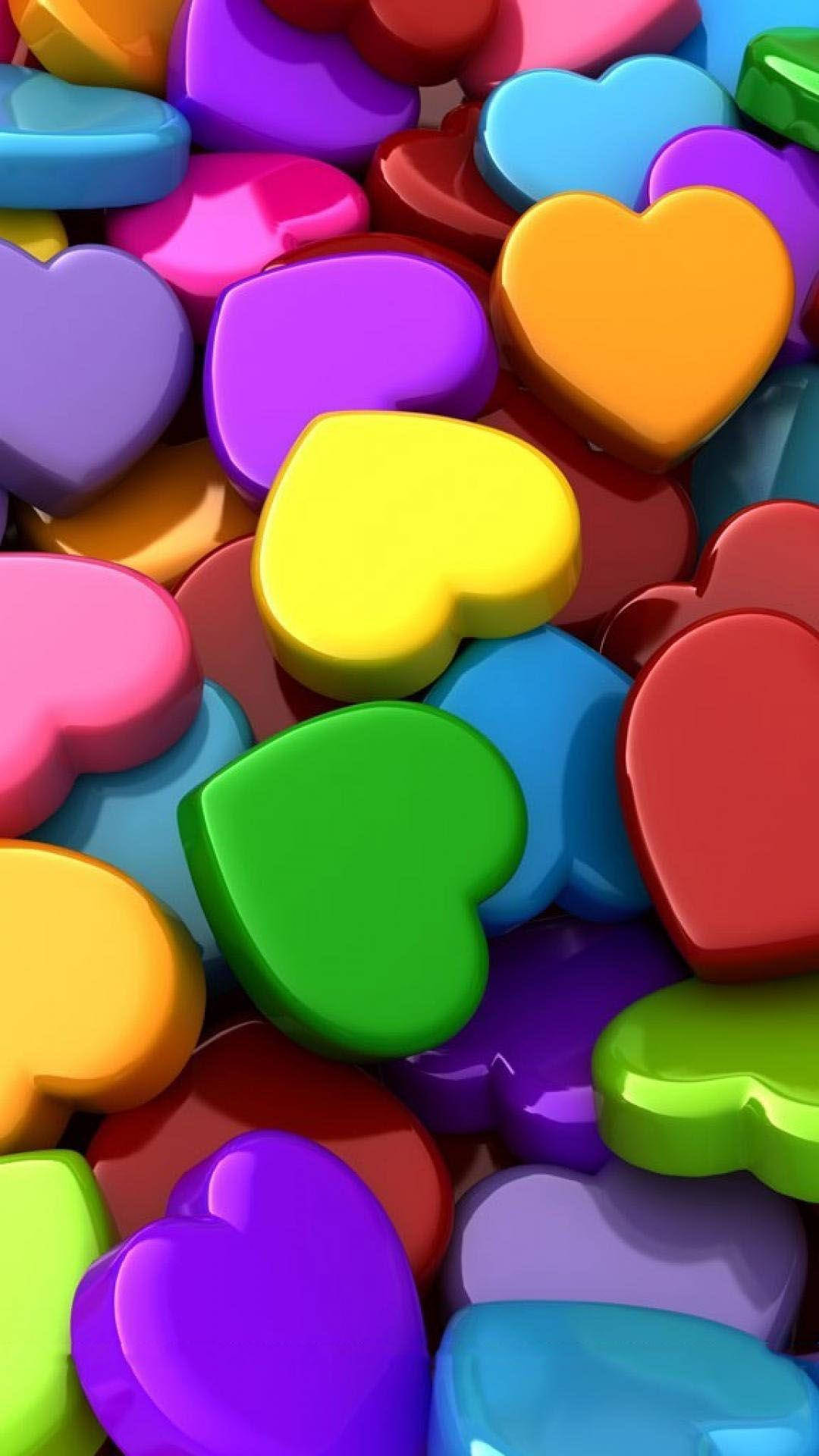 3d hearts, rainbow colors, glossy, Full HD Phone Wallpaper