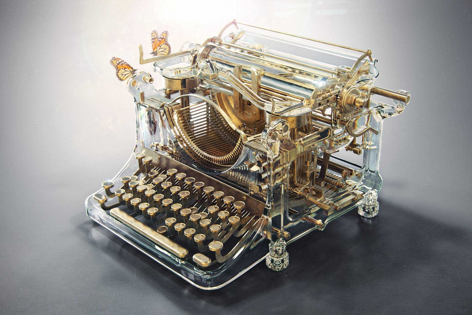 gold transparent typewriter, golden brass internals, monarch butterflies, Full HD Desktop Wallpaper
