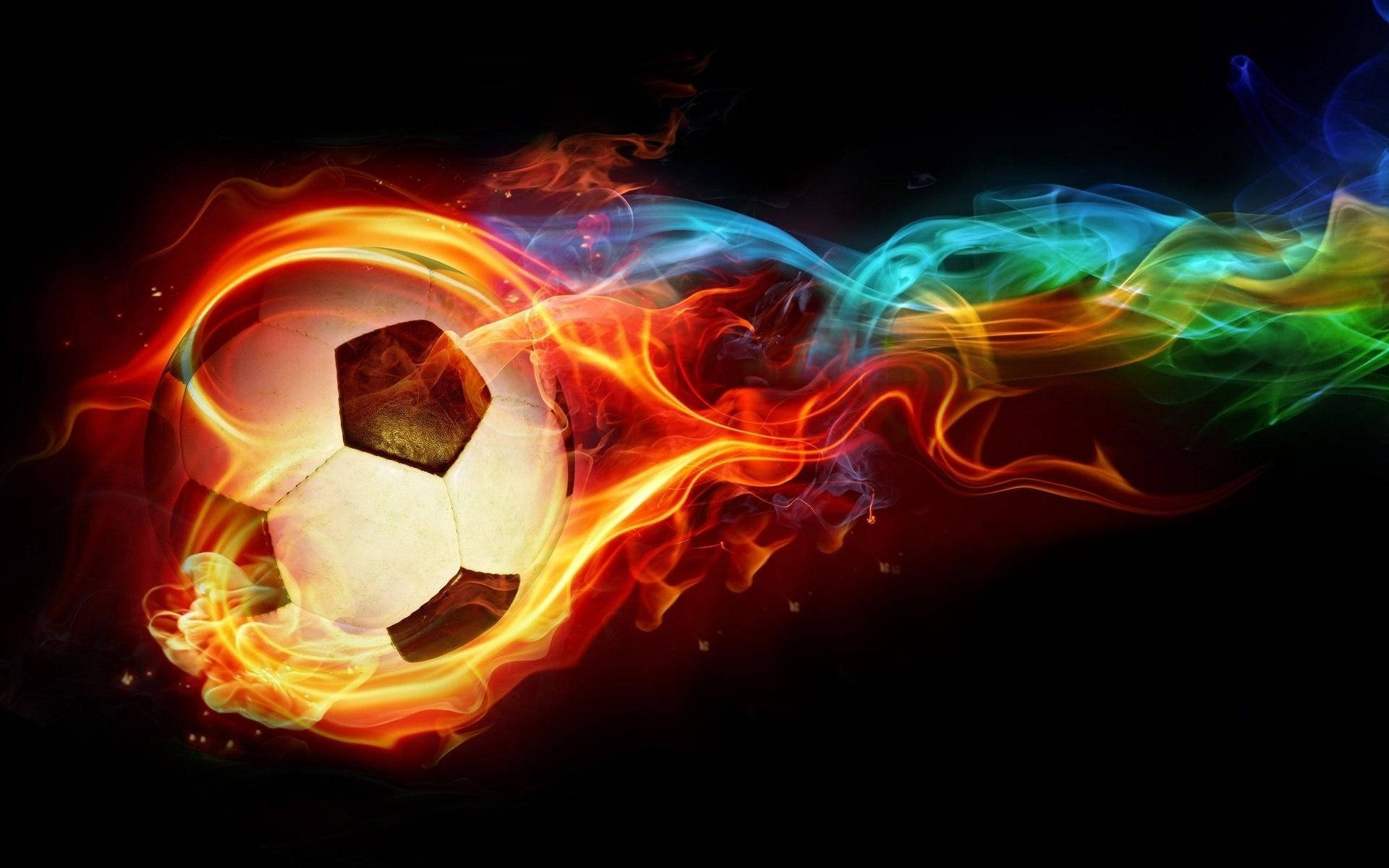 flaming soccer ball, vibrant fiery and rainbow-colored smoke, black background, Full HD Desktop Wallpaper