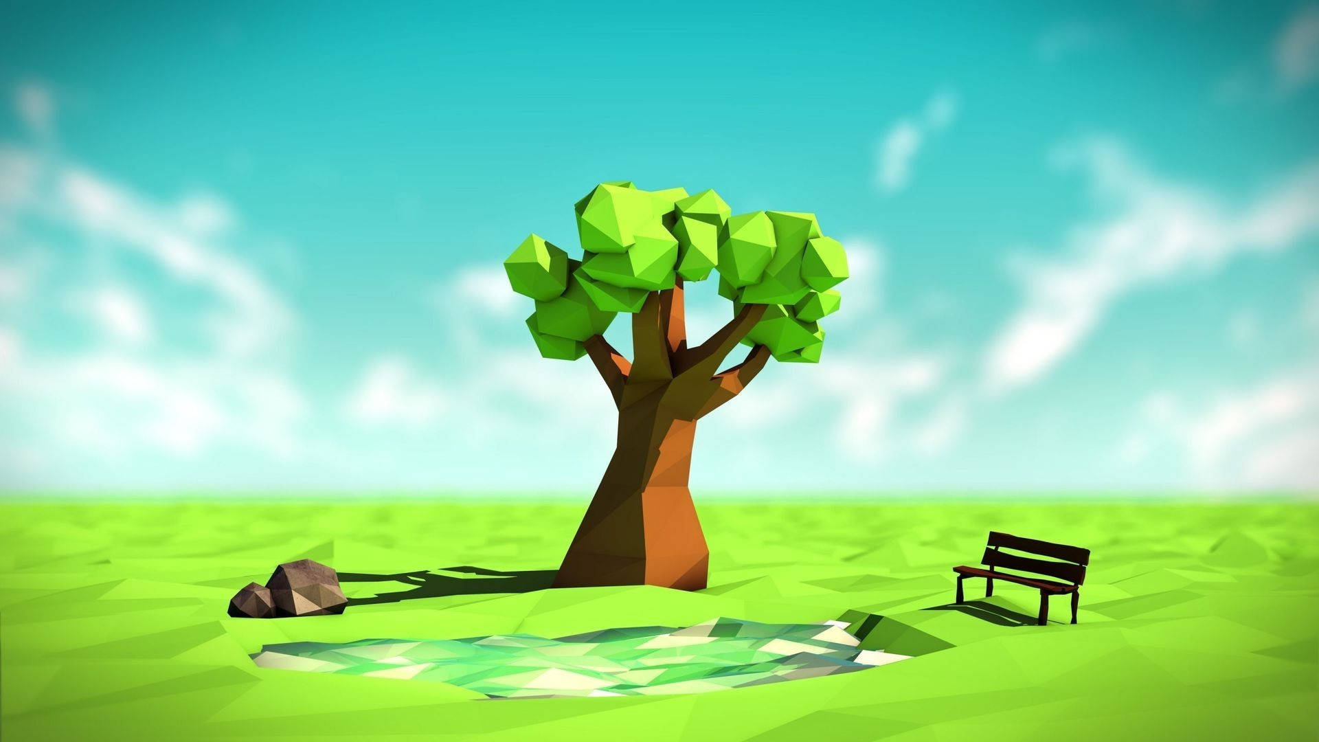 Tree And Bench, 3d Android Phone, low-poly tree, Full HD Desktop Wallpaper
