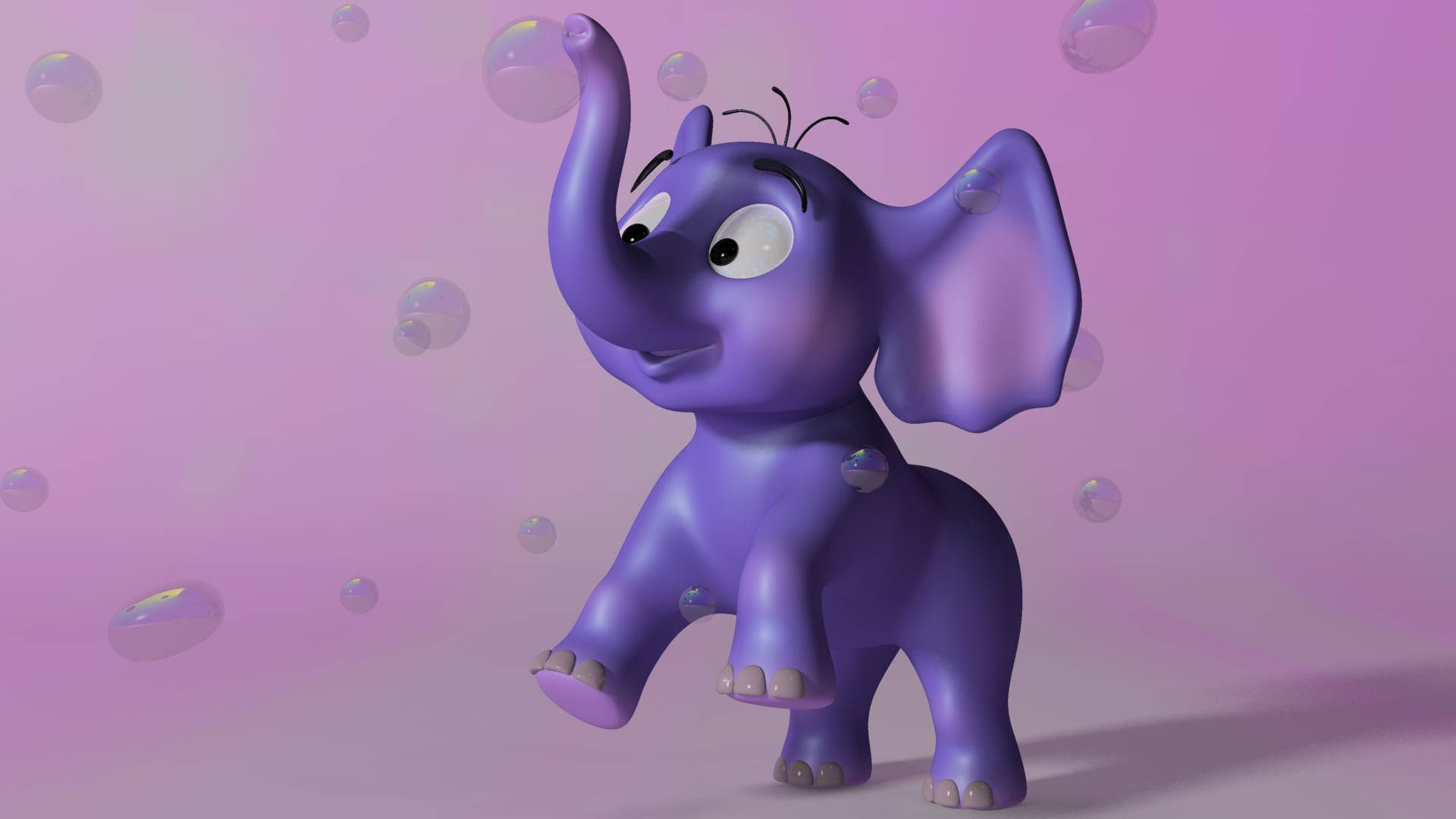 purple 3d-rendered baby elephant, floating soap bubbles, soft pink background, Full HD Desktop Wallpaper
