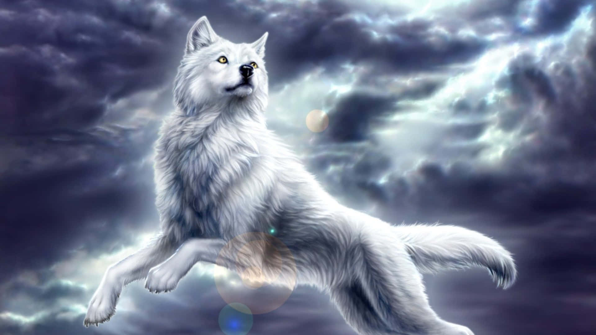 3d animal, white wolf, stormy sky, Full HD Desktop Wallpaper