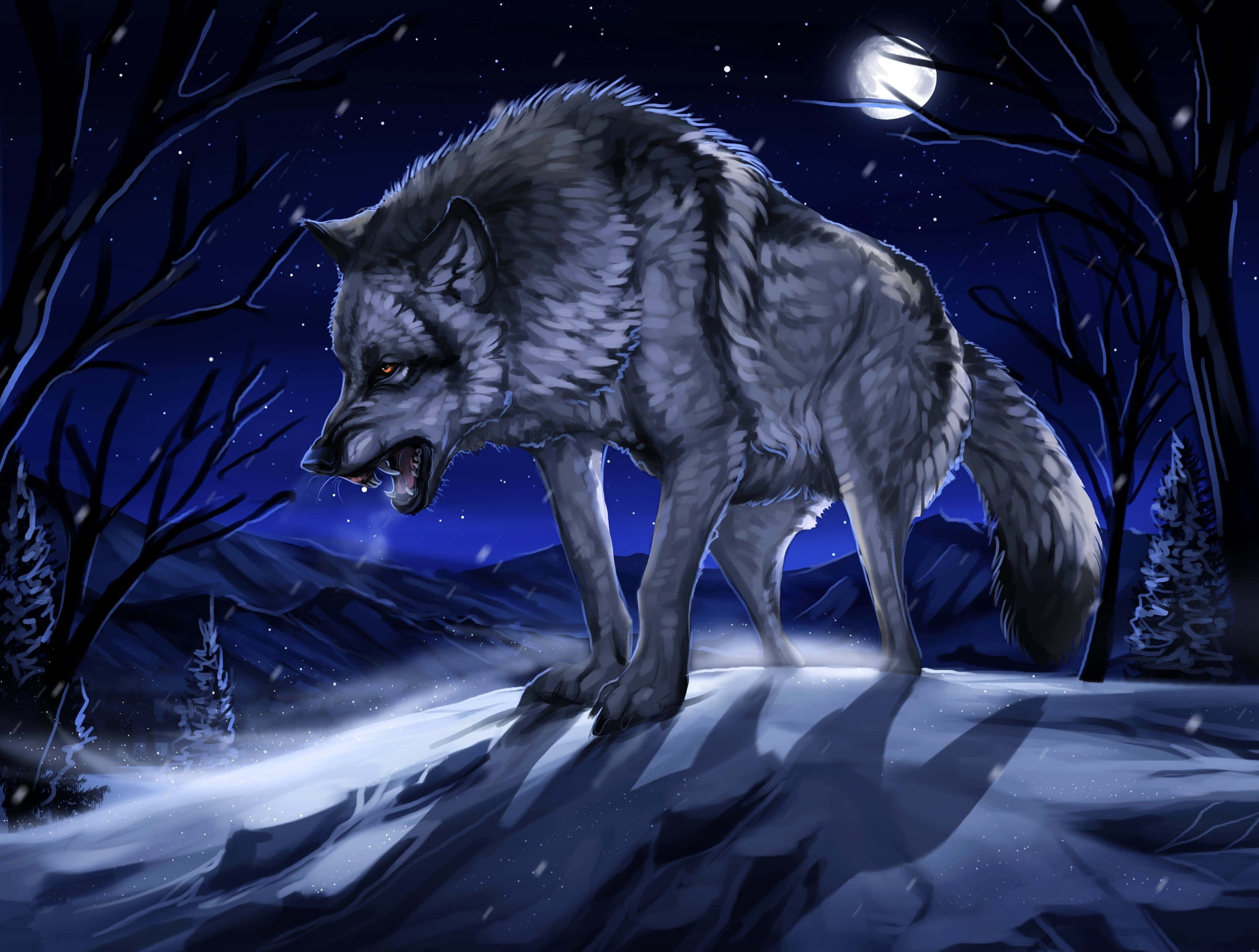 3d wolf, gray wolf, full moon, 2K Desktop Wallpaper