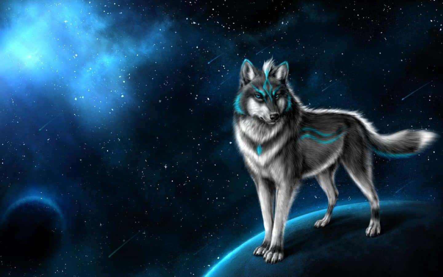 3d wolf, glowing blue markings, curved edge of a planet, HD Desktop Wallpaper