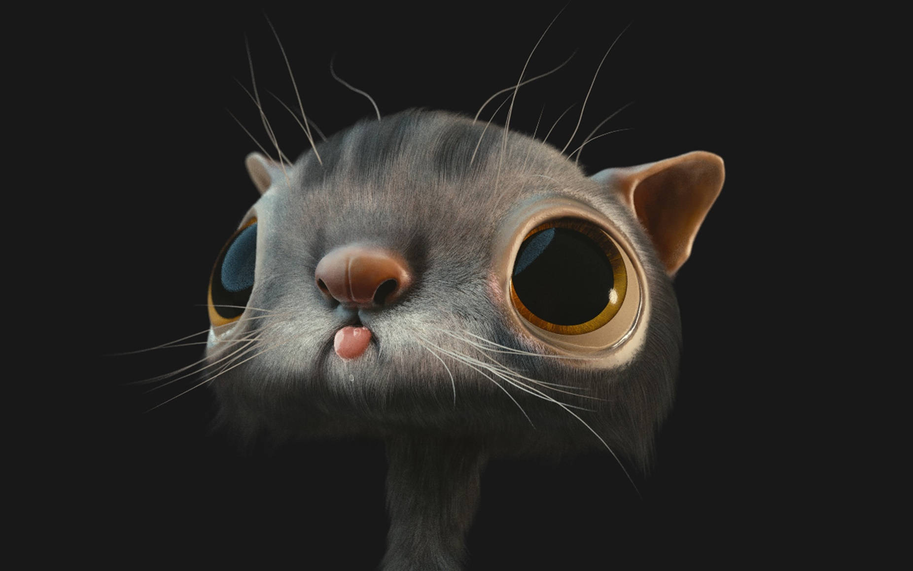 gray cat, big eyes, 3d animation, HD Desktop Wallpaper