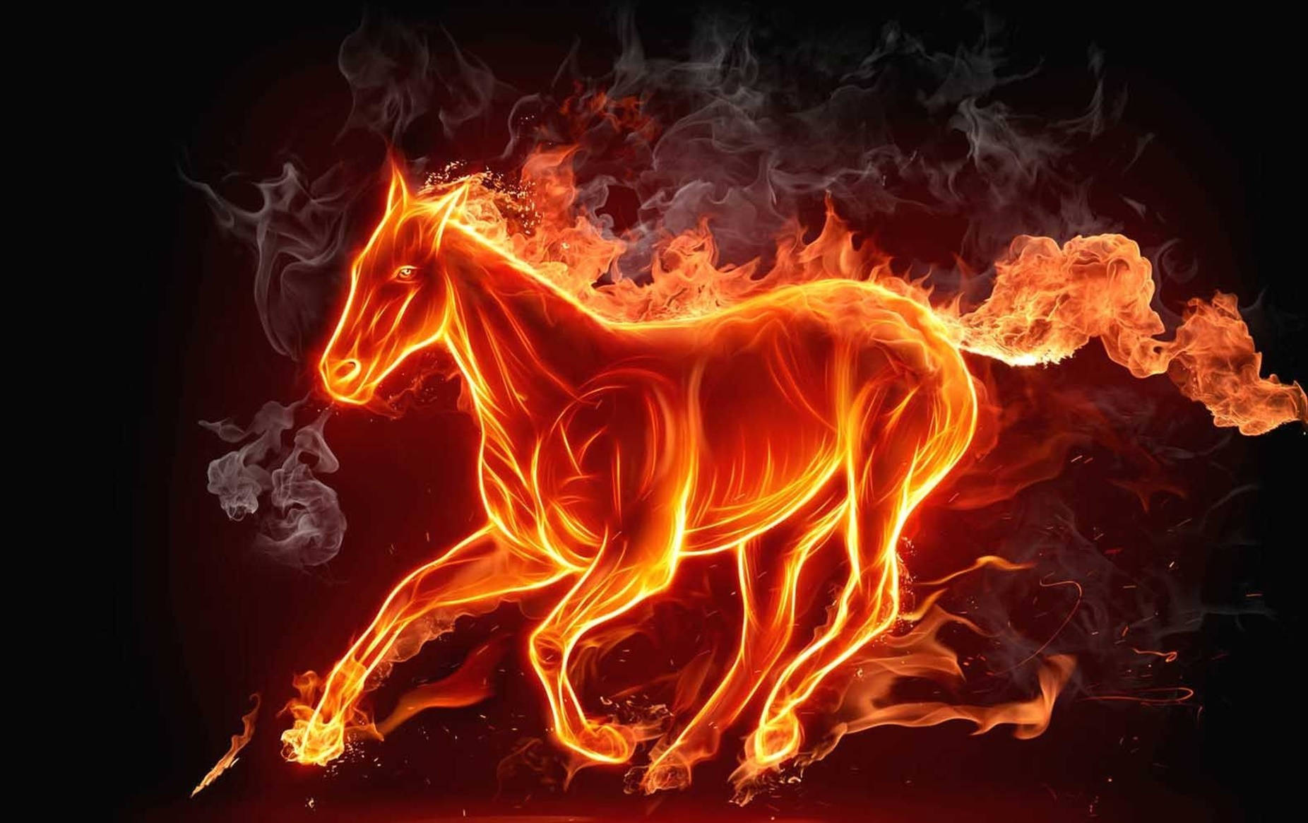 fiery horse, gallops dynamically, dark background, HD Desktop Wallpaper