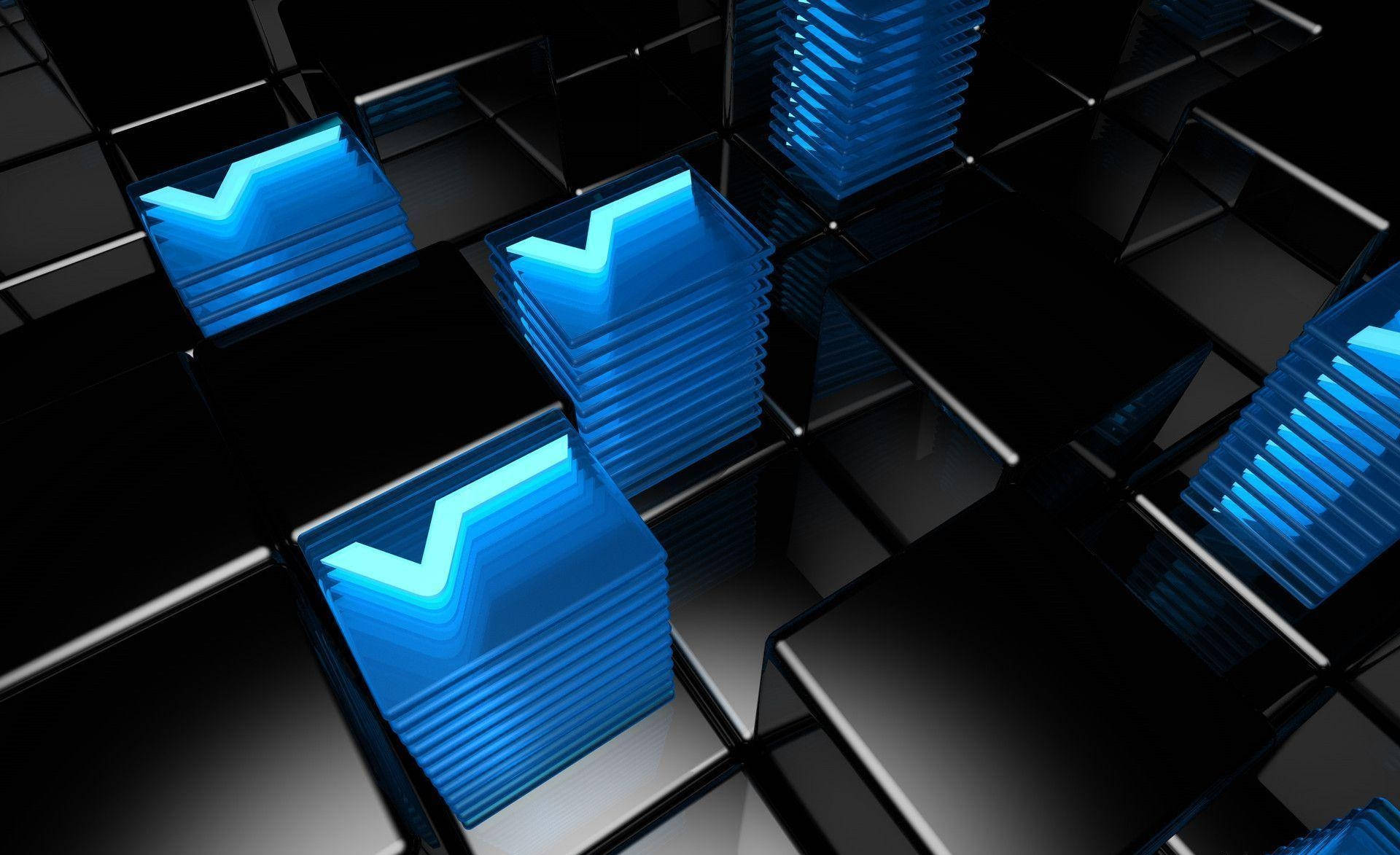 glossy black cubes, glowing blue V-shaped bars, futuristic grid pattern, Full HD Desktop Wallpaper