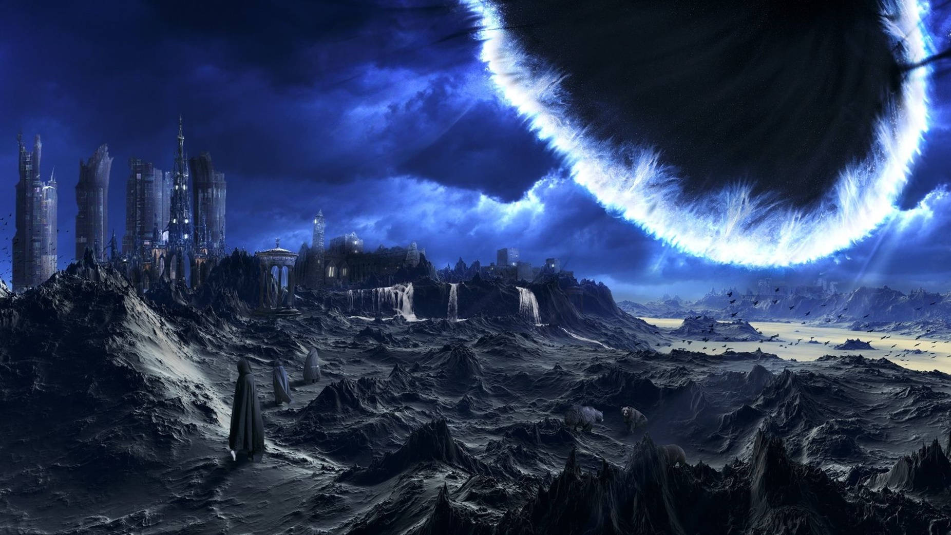 black hole, futuristic city, glowing blue ring, HD Desktop Wallpaper