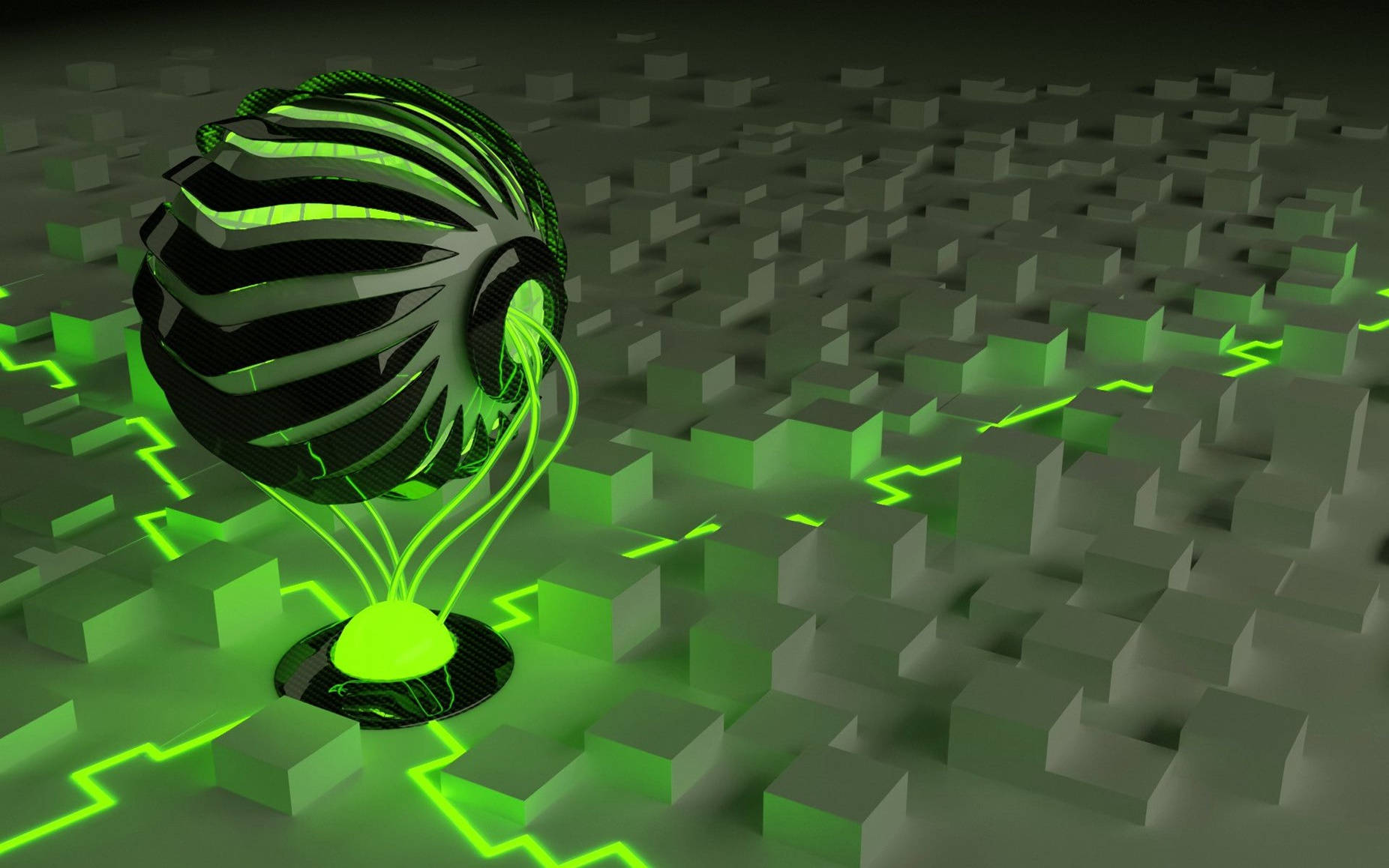 black and green sphere, glowing green, futuristic sphere, HD Desktop Wallpaper