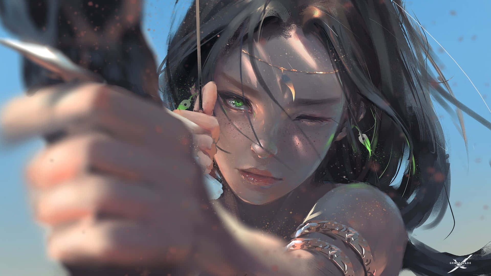 shooter 3d anime girl, anime archer, glowing green eyes, Full HD Desktop Wallpaper