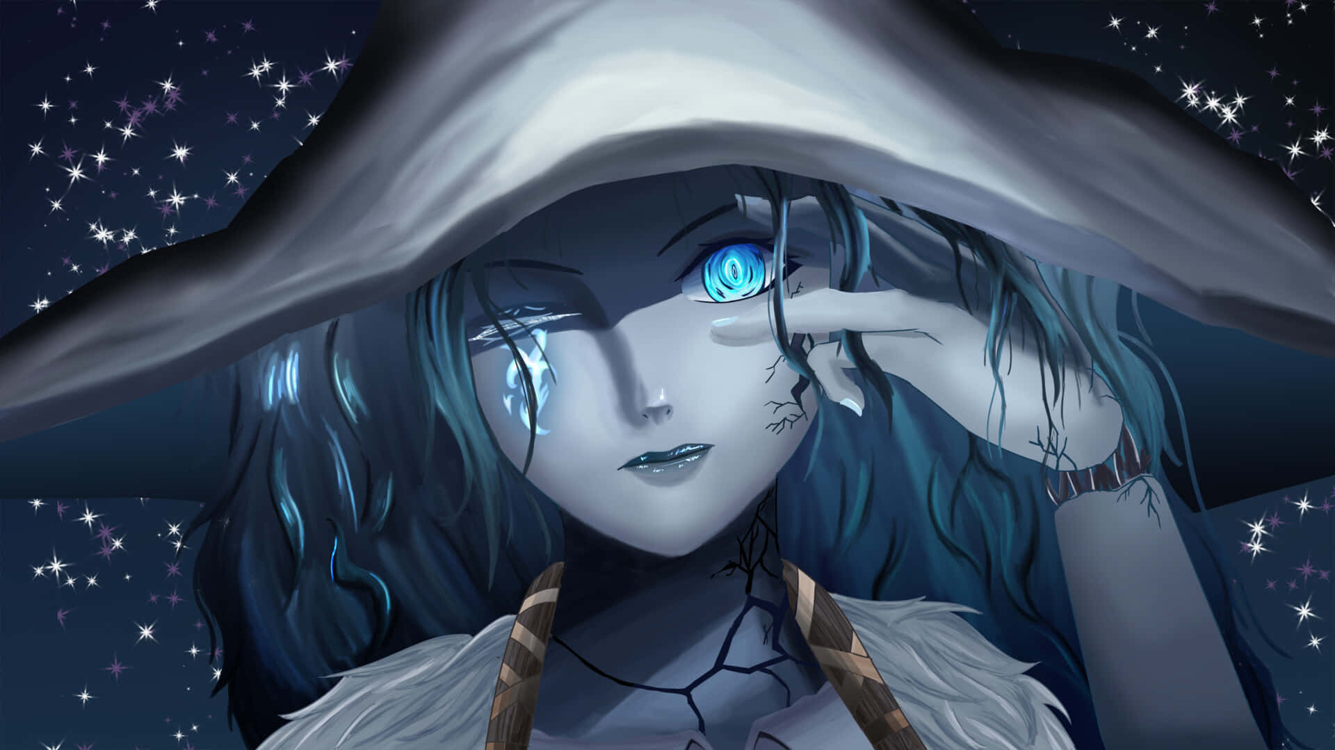 3d Anime Girl, glowing blue eyes, hooded cloak, Full HD Desktop Wallpaper