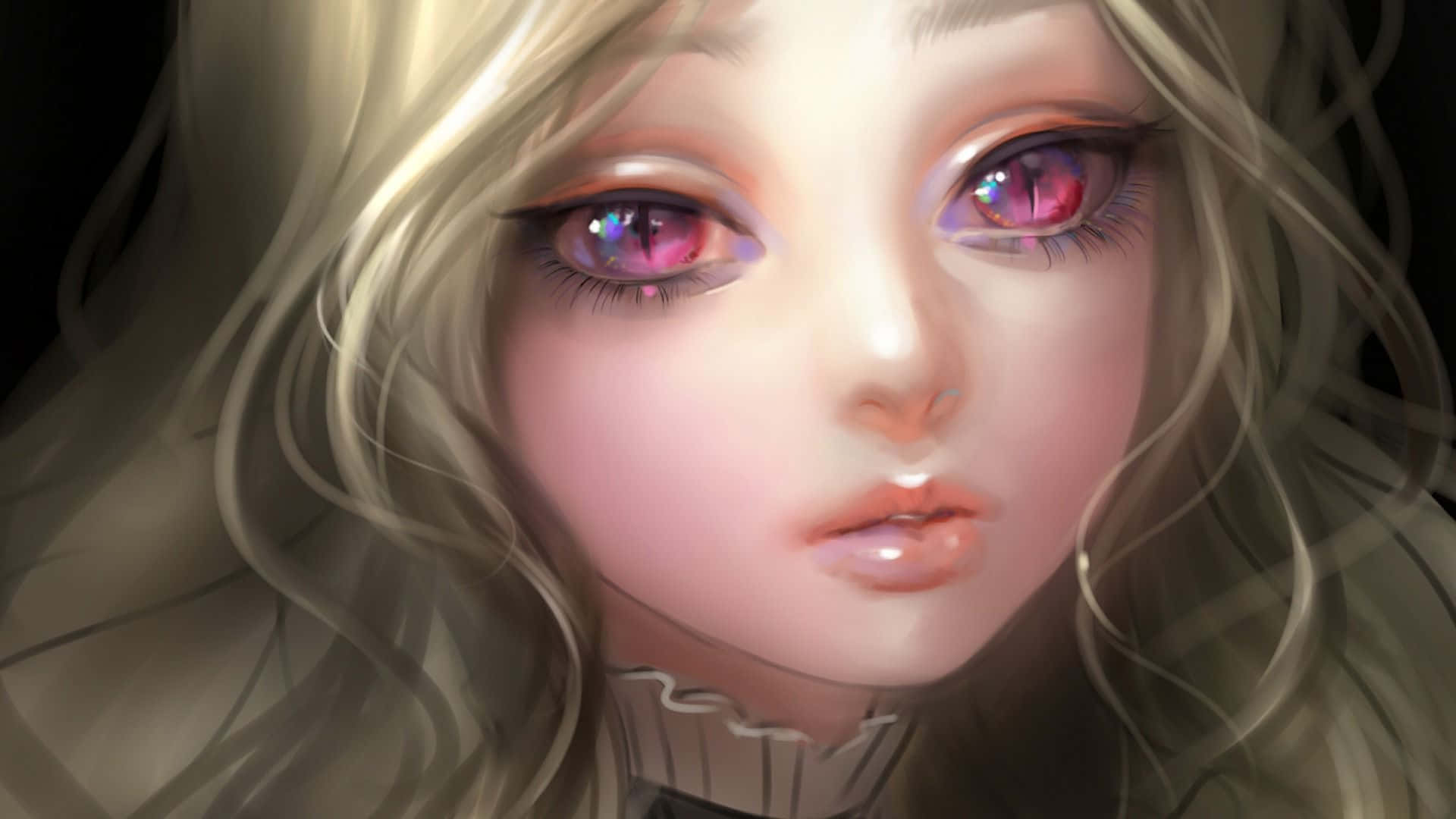 3d Anime Girl, glowing pink eyes, flowing blonde hair, Full HD Desktop Wallpaper