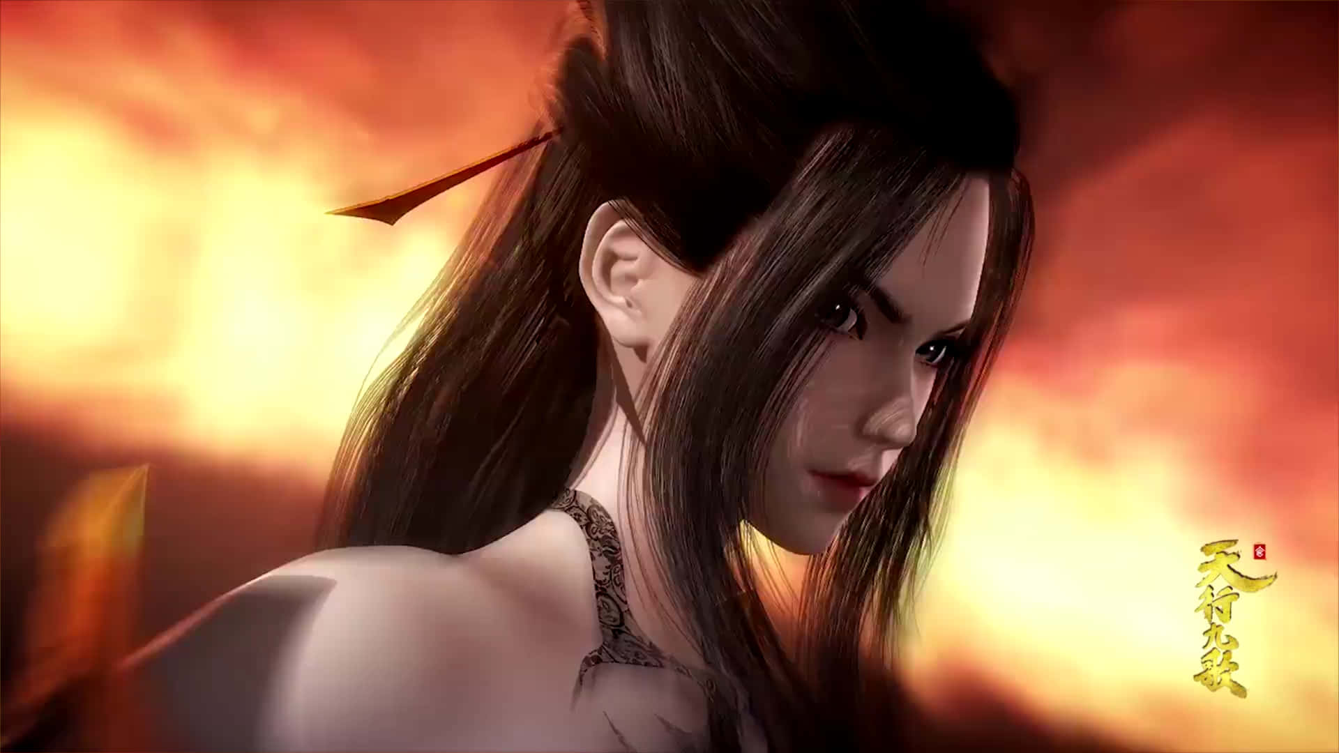 3d Anime Girl, dark hair, intricate neck tattoos, Full HD Desktop Wallpaper