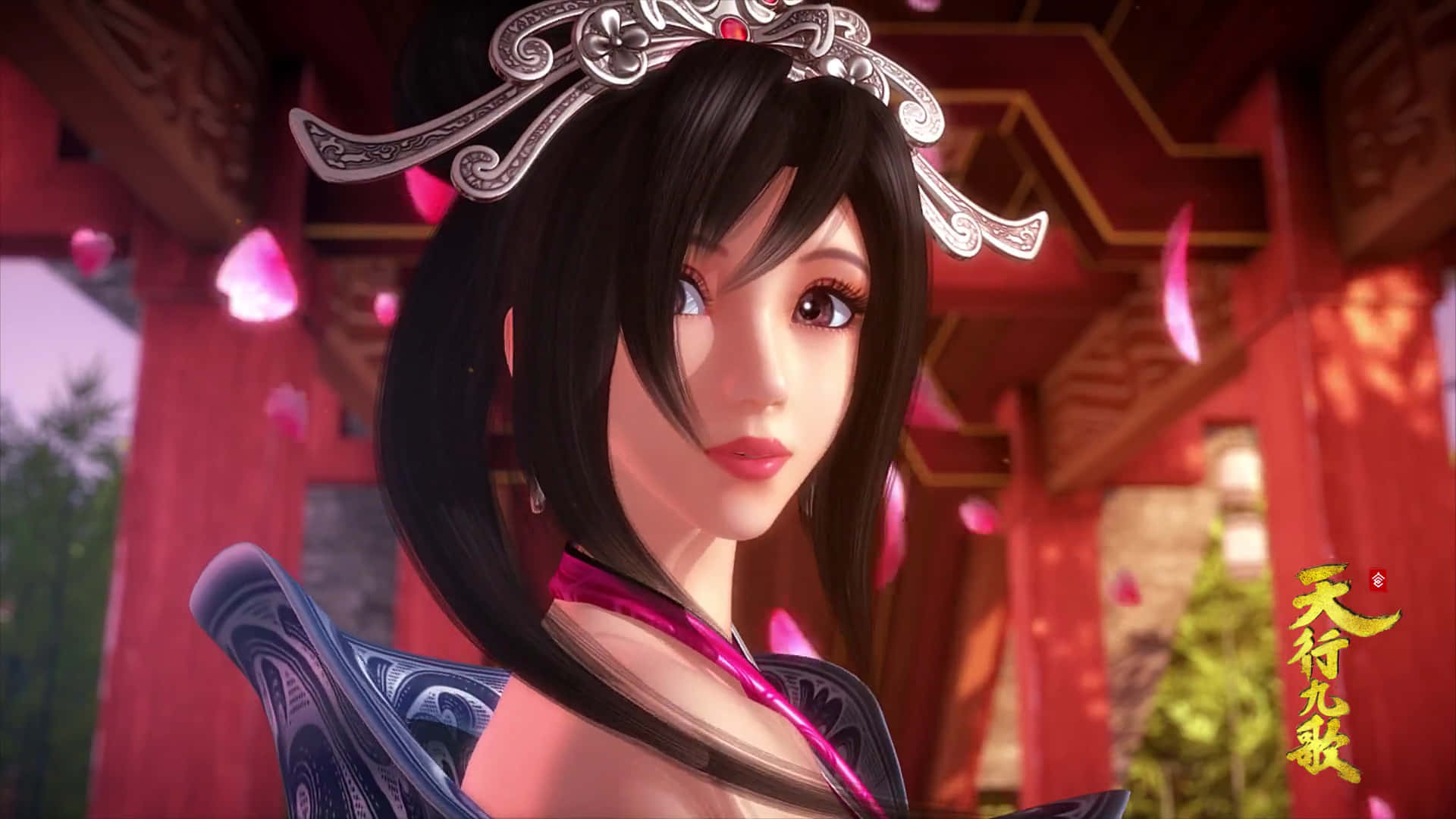 3d Anime Girl, black hair, ornate silver headpiece, Full HD Desktop Wallpaper