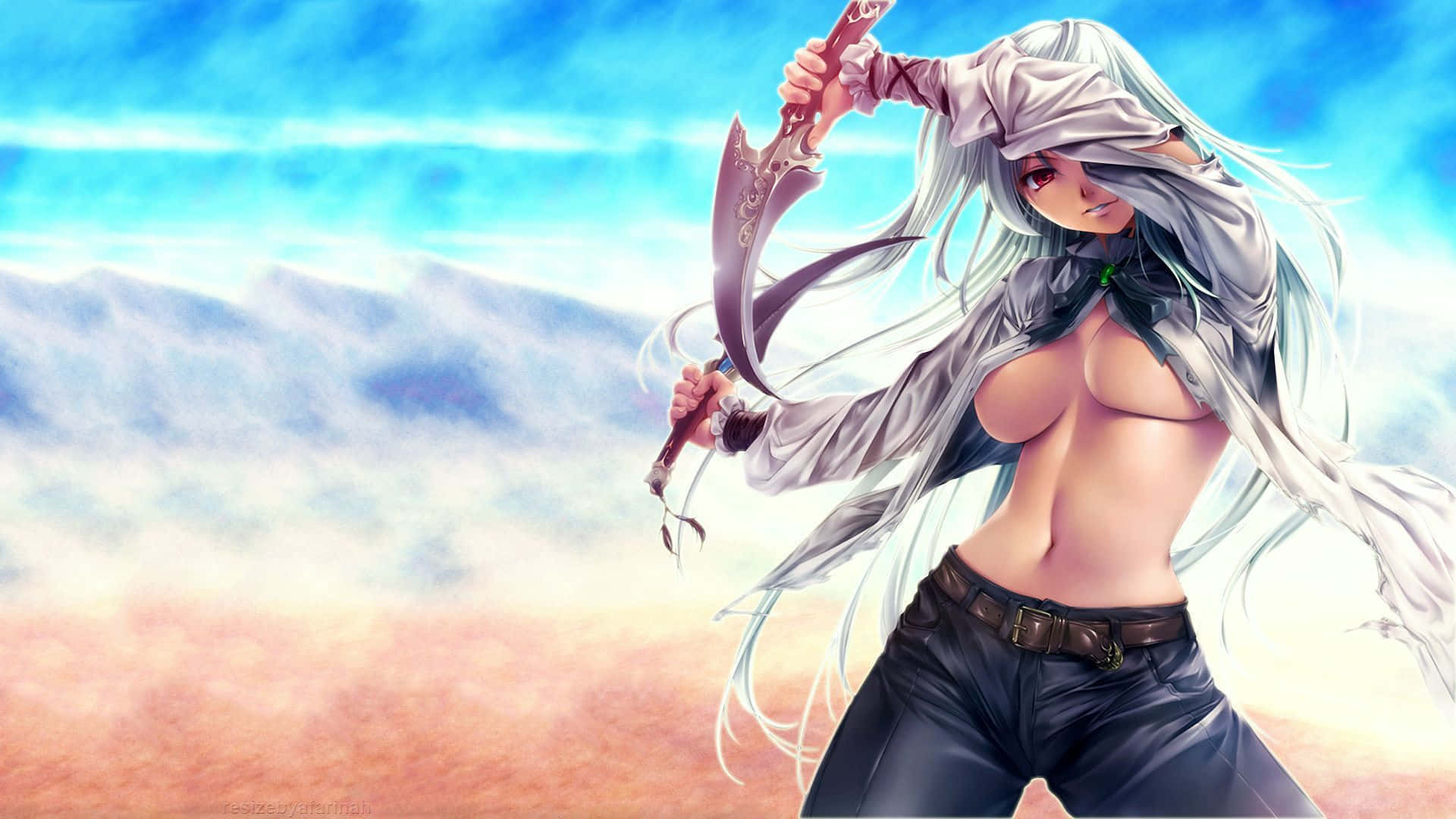 silver-haired, anime warrior woman, curved blade, Full HD Desktop Wallpaper