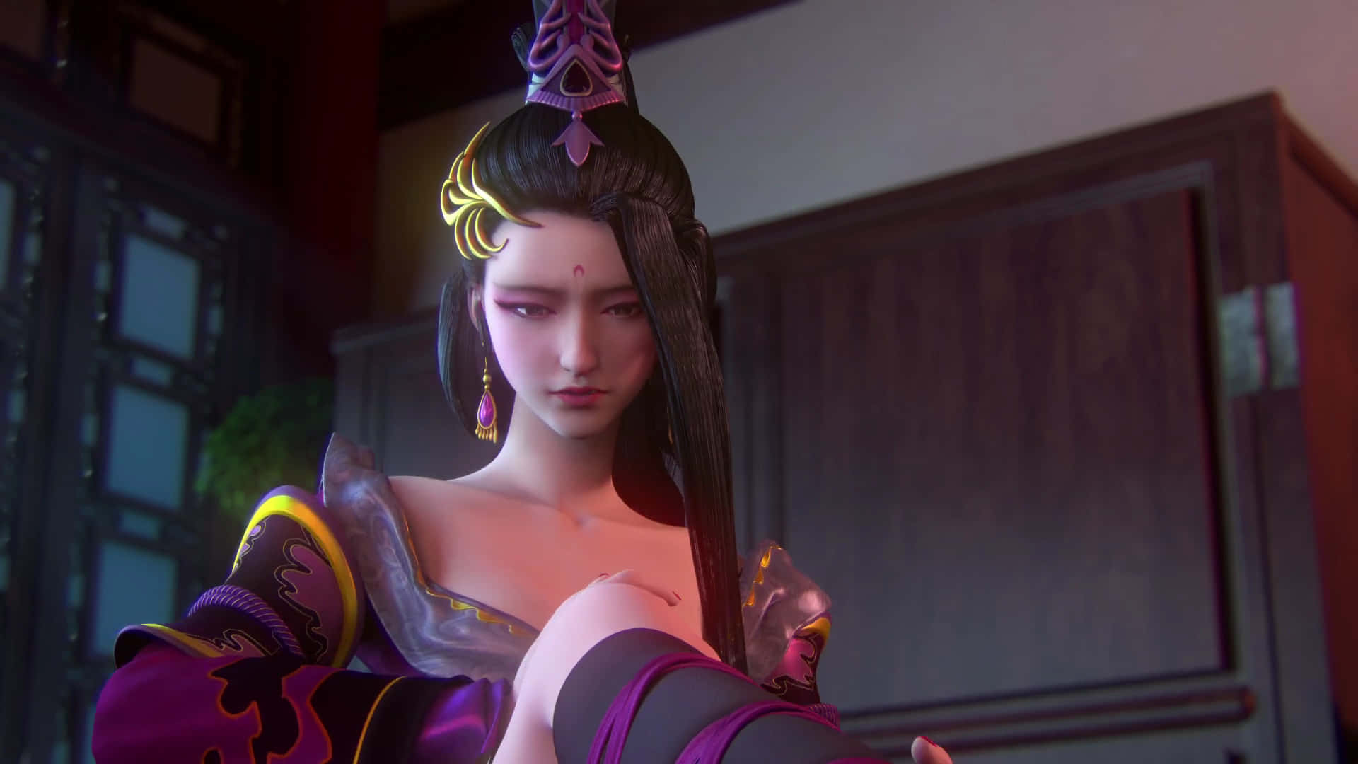3d Anime, anime woman, purple and gold traditional attire, Full HD Desktop Wallpaper