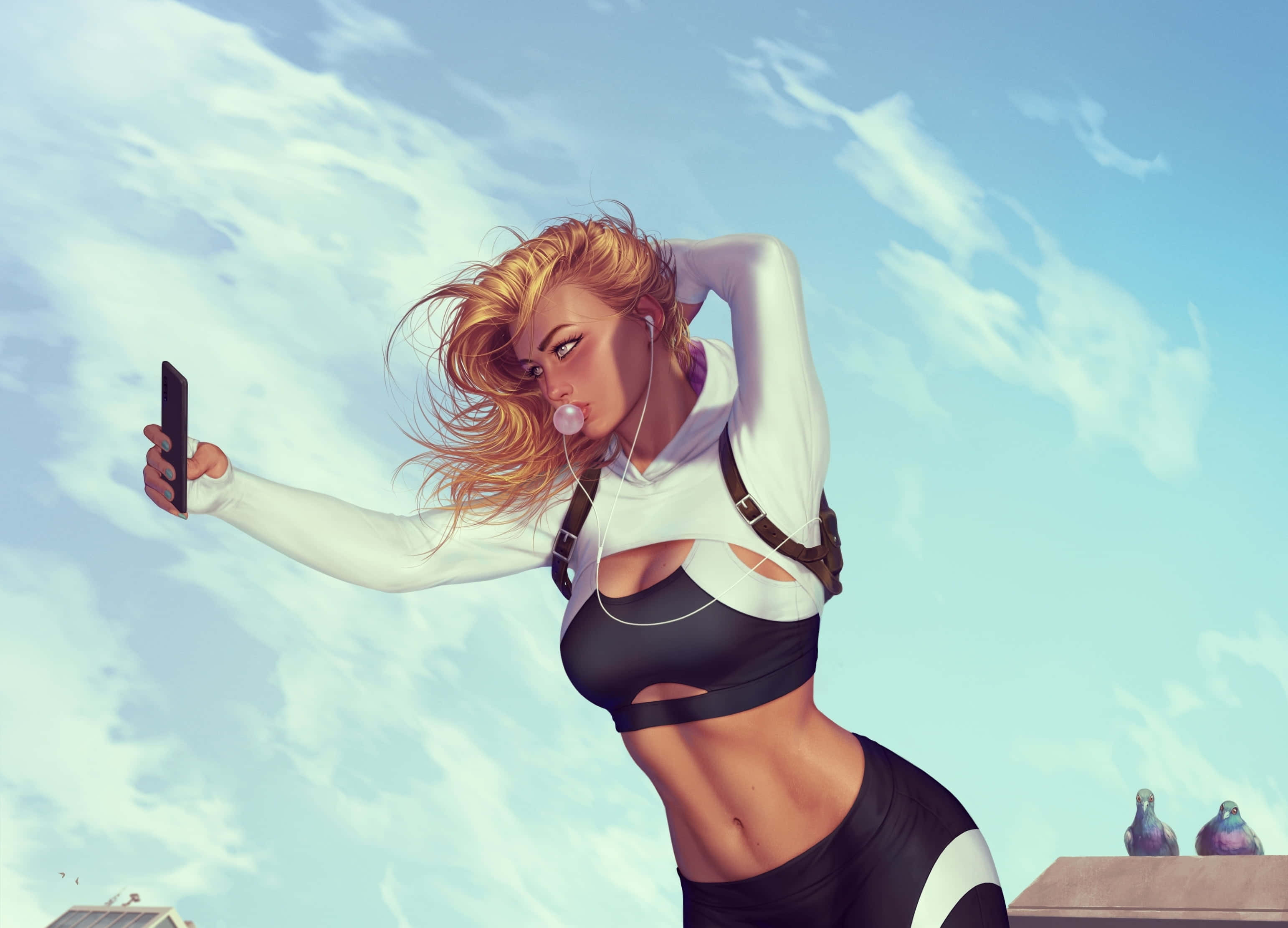 3D Girl, blonde woman, sportswear, 2K Desktop Wallpaper