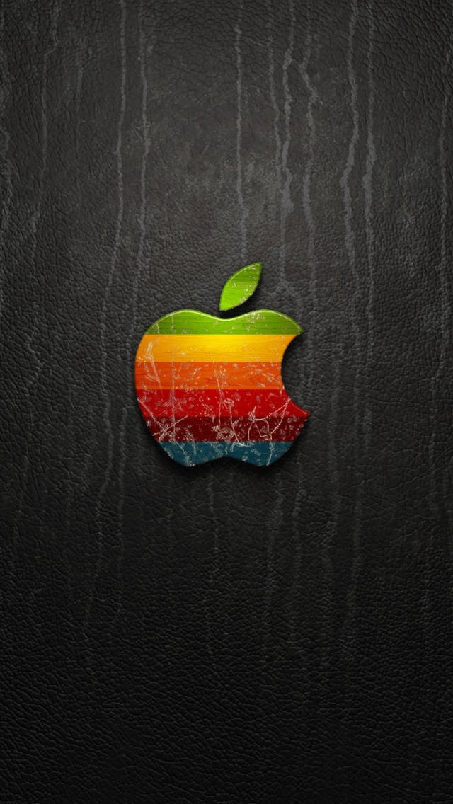 3d apple iphone logo, vintage rainbow apple logo, textured black leather background, SD Phone Wallpaper