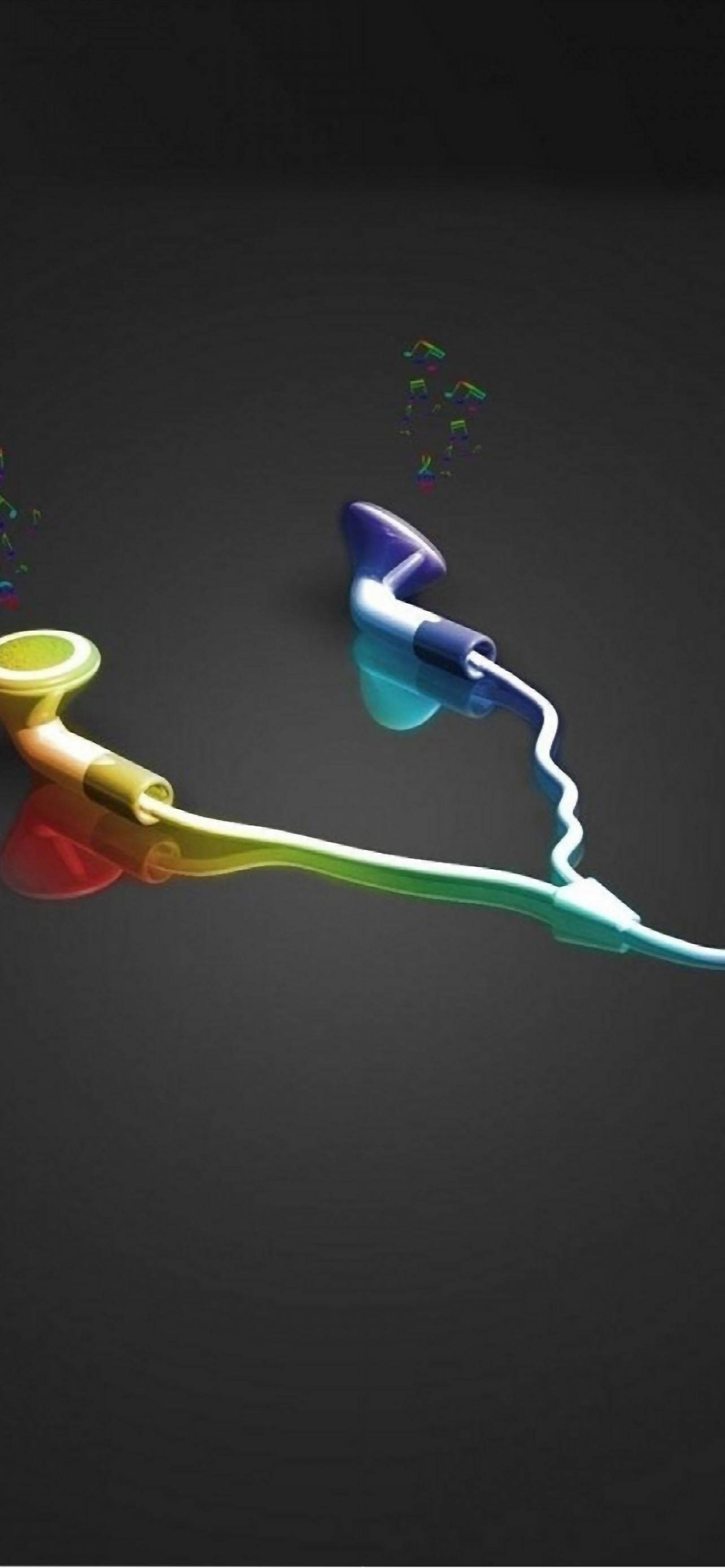3d Apple iPhone, rainbow-colored earphones, dark background, 2K Phone Wallpaper