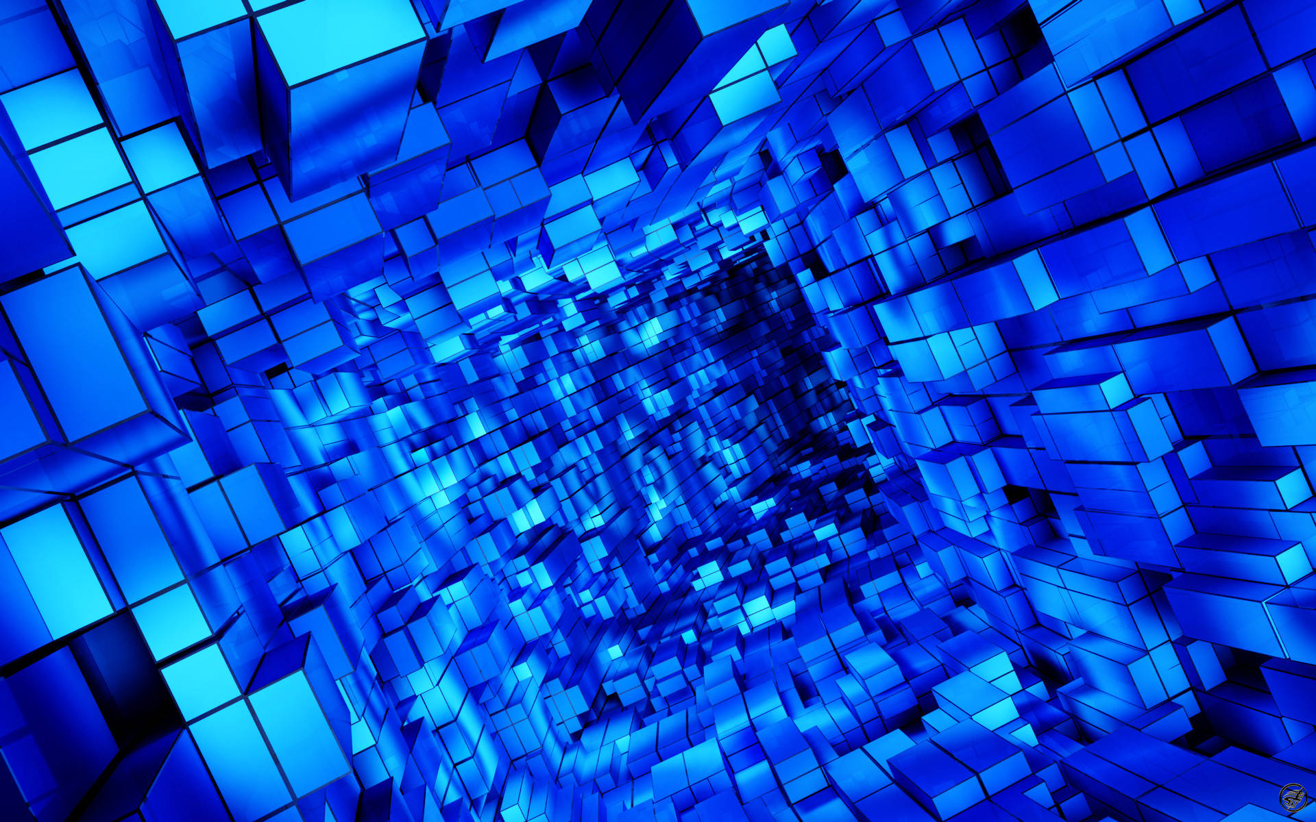 glowing blue cubes, tunnel, dark center, Full HD Desktop Wallpaper