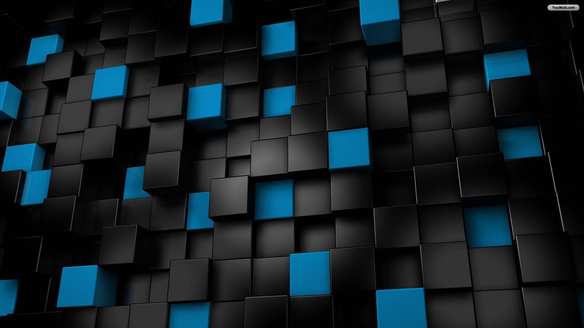 black and glowing blue cubes, staggered 3d grid pattern, dynamic wall, Full HD Desktop Wallpaper