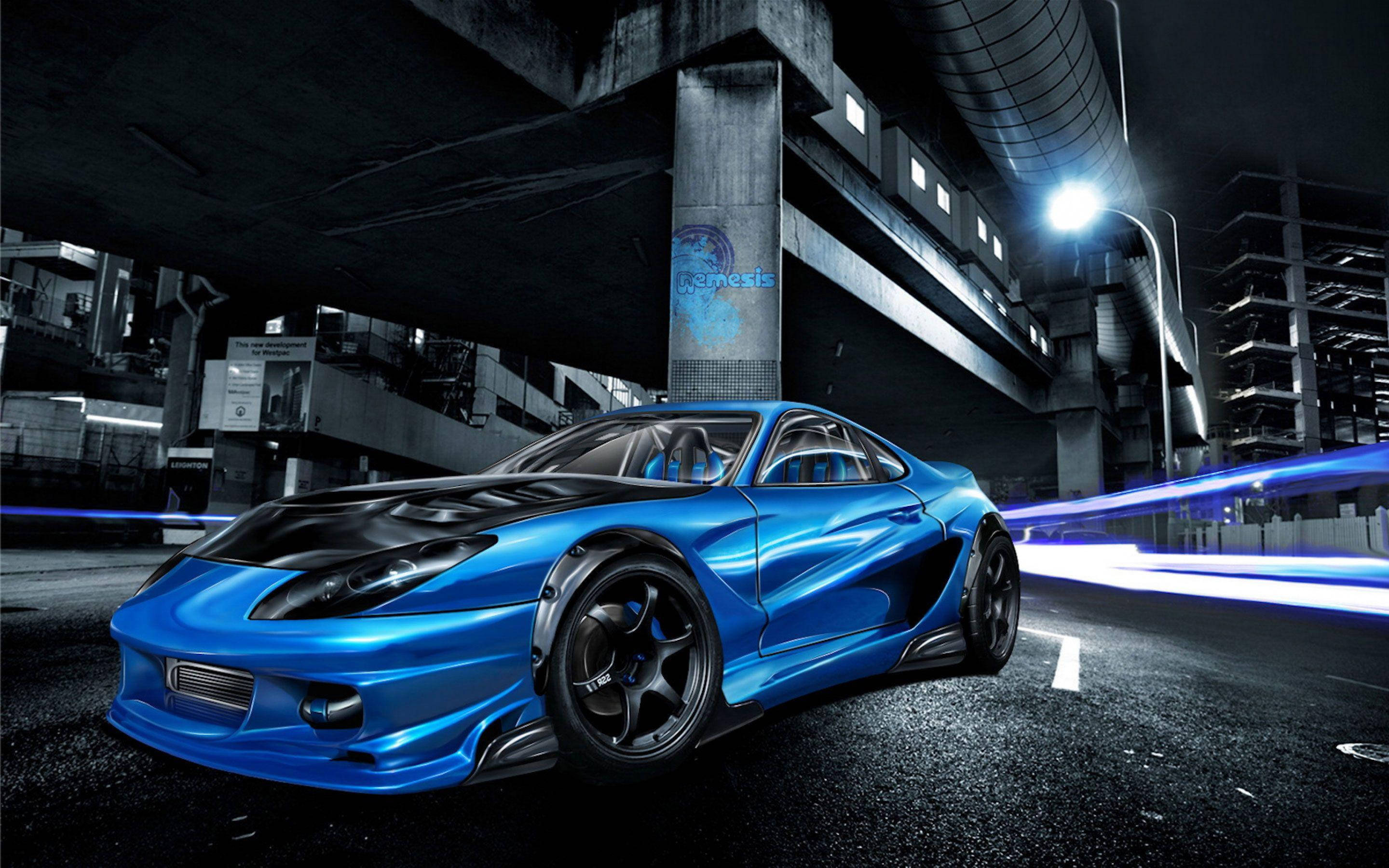 vibrant blue, sports car, urban tunnel, 2K Desktop Wallpaper