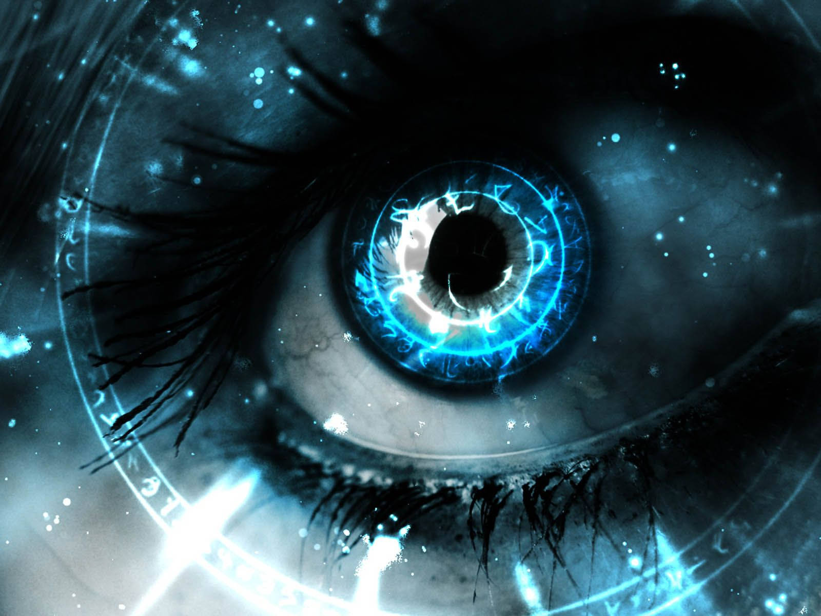 3d blue eye, electric blue energy, mystical symbols, HD Desktop Wallpaper