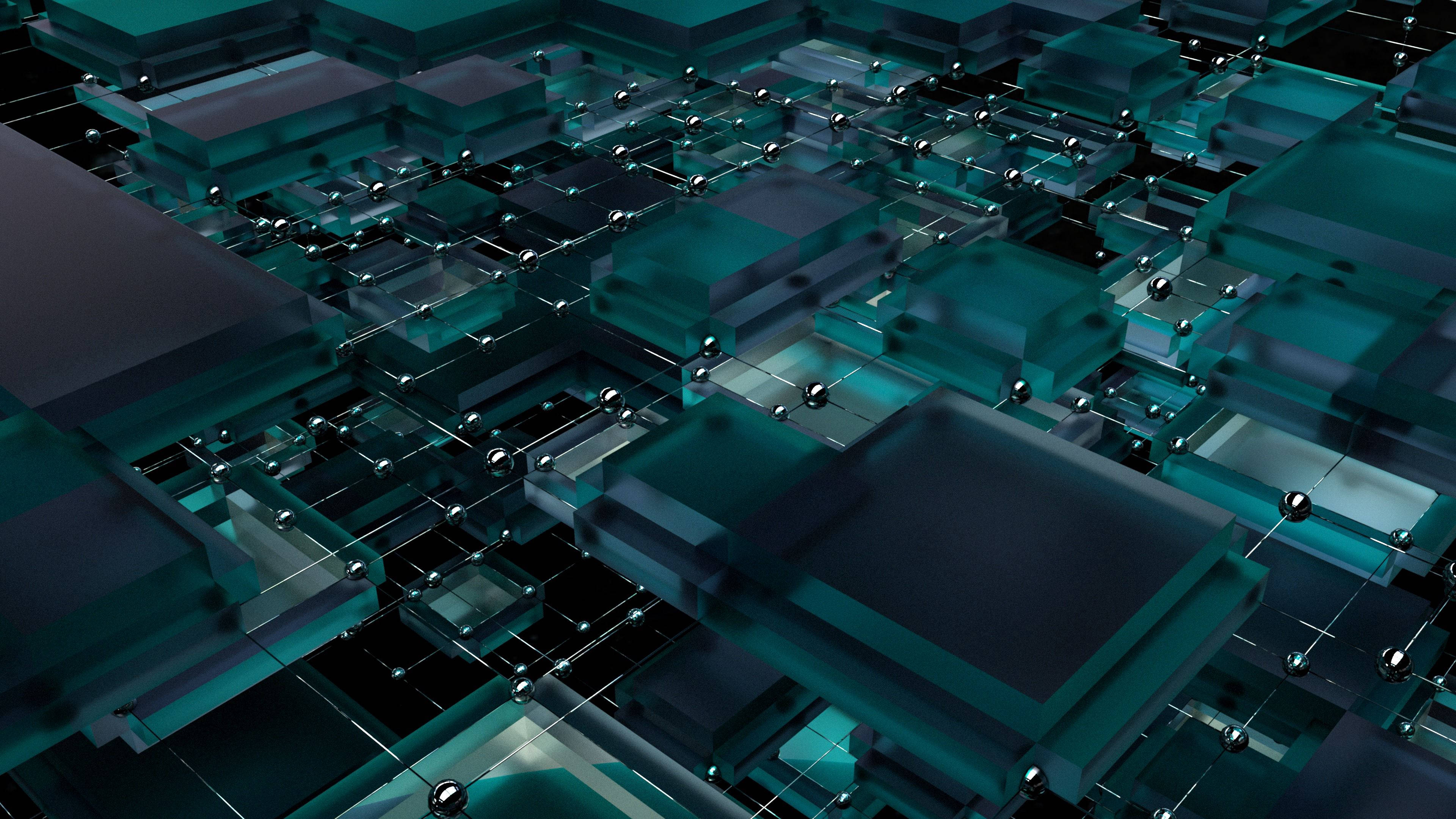 3d blue, glowing teal glass blocks, metallic spheres, 4K Desktop Wallpaper