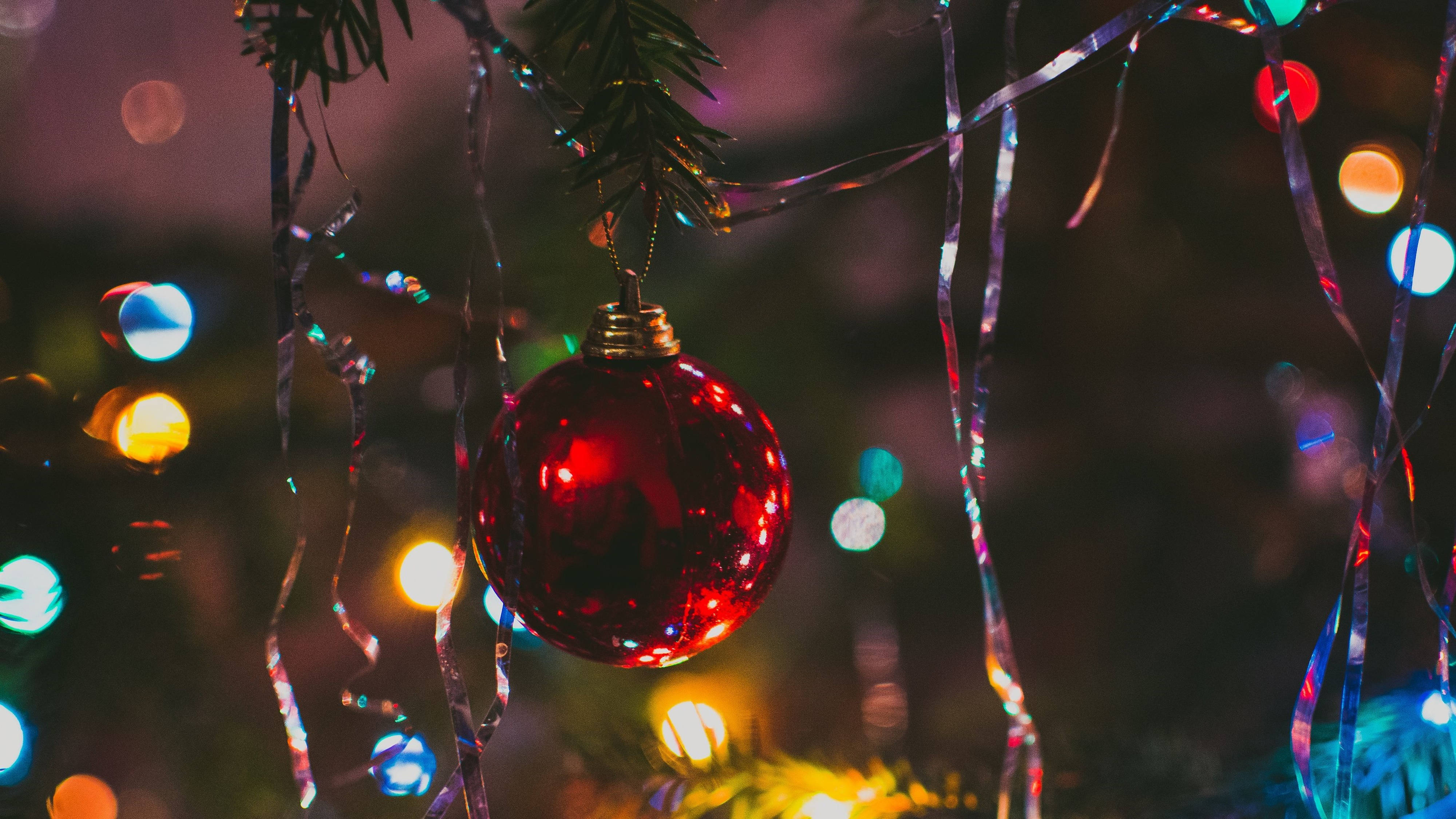 shiny red Christmas ornament, pine branch, colorful bokeh lights, 4K Desktop Wallpaper