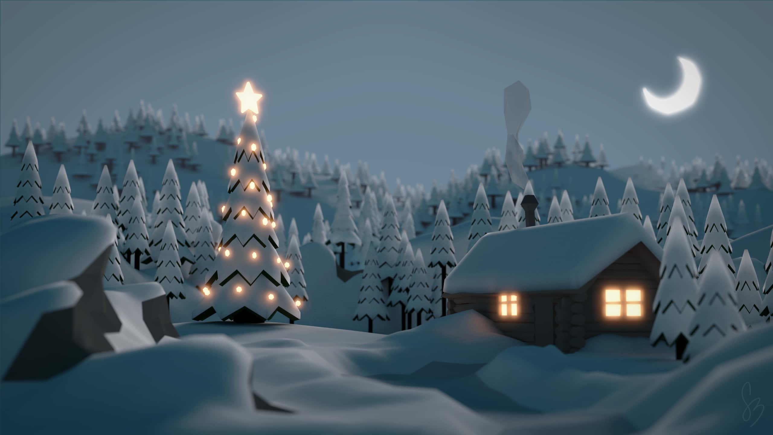 cozy christmas, snow-covered cabin, warm glowing windows, 2K Desktop Wallpaper