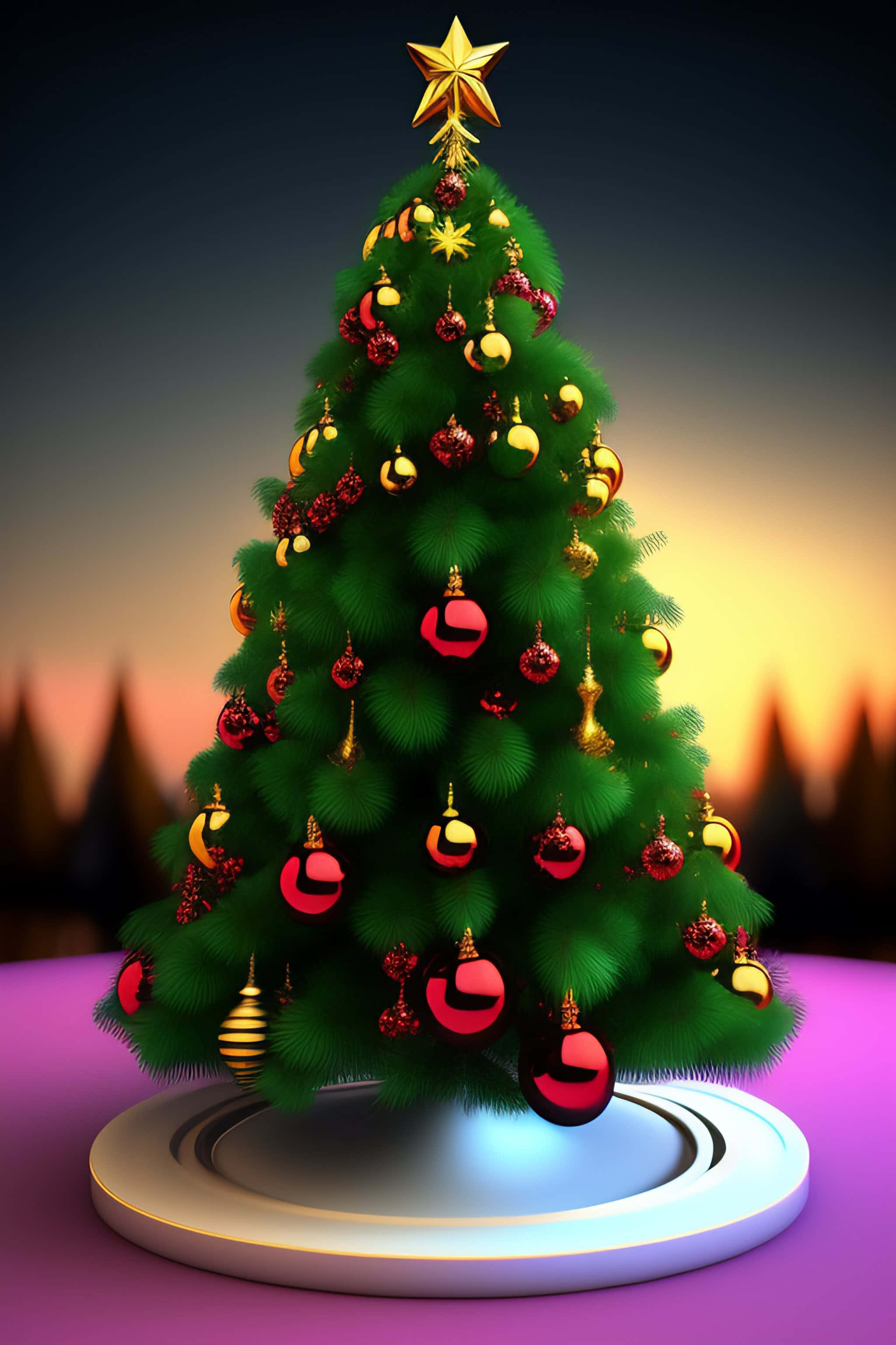 3d christmas, lush green Christmas tree, red and gold ornaments, 2K Phone Wallpaper