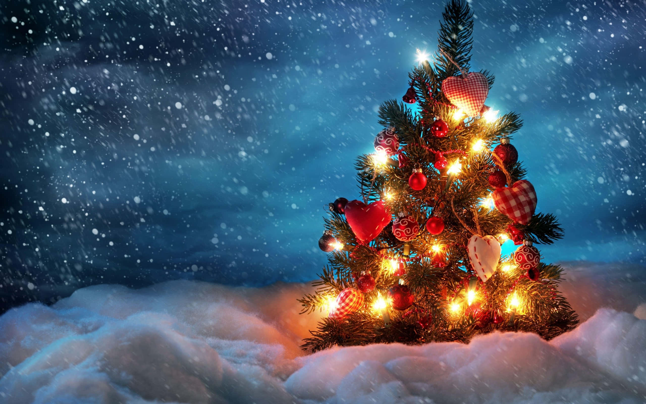 3d christmas, Christmas tree, red hearts, 2K Desktop Wallpaper