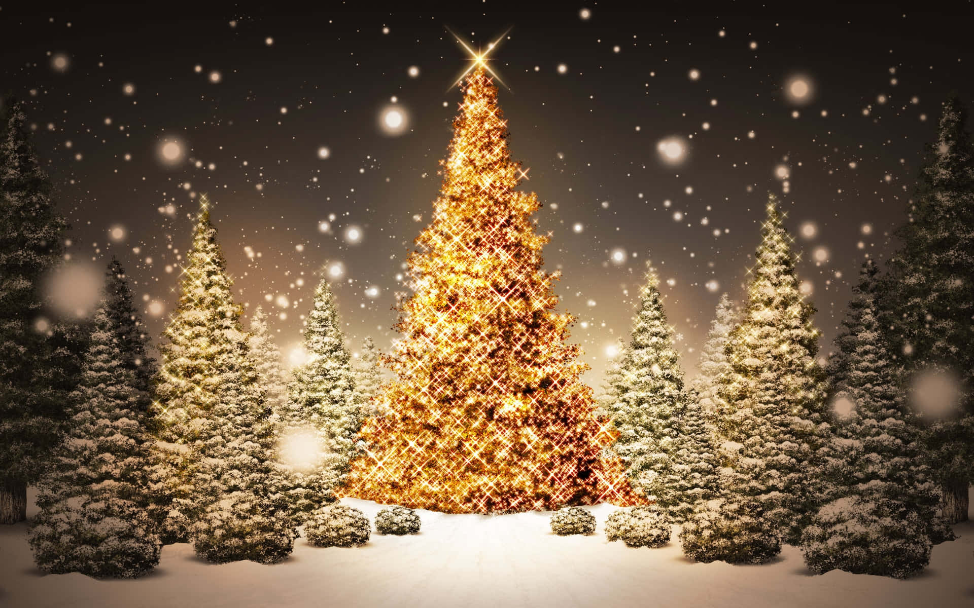 3d christmas, golden Christmas tree, falling snow, Full HD Desktop Wallpaper