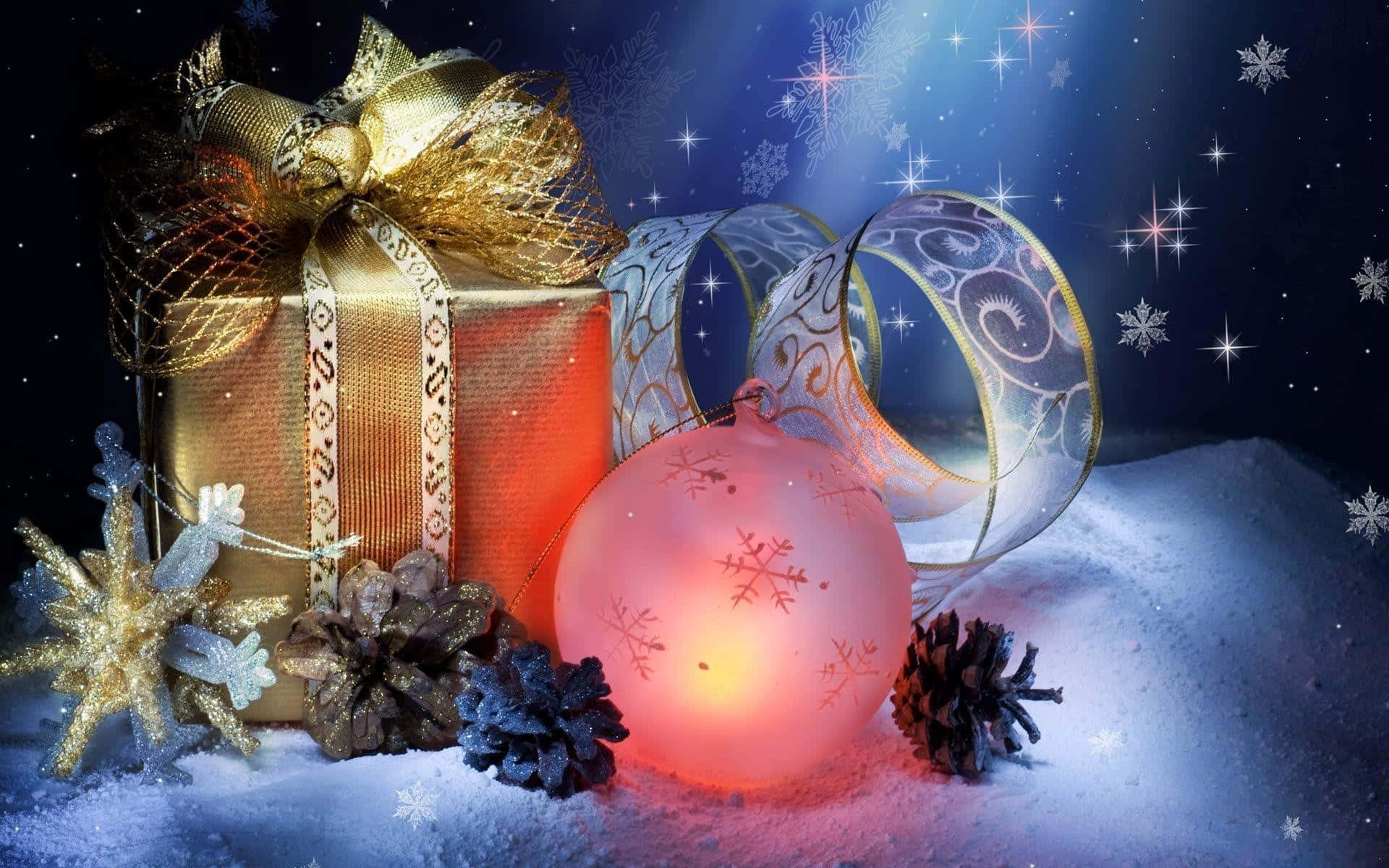 3d christmas, glowing pink ornament, golden gift box, Full HD Desktop Wallpaper