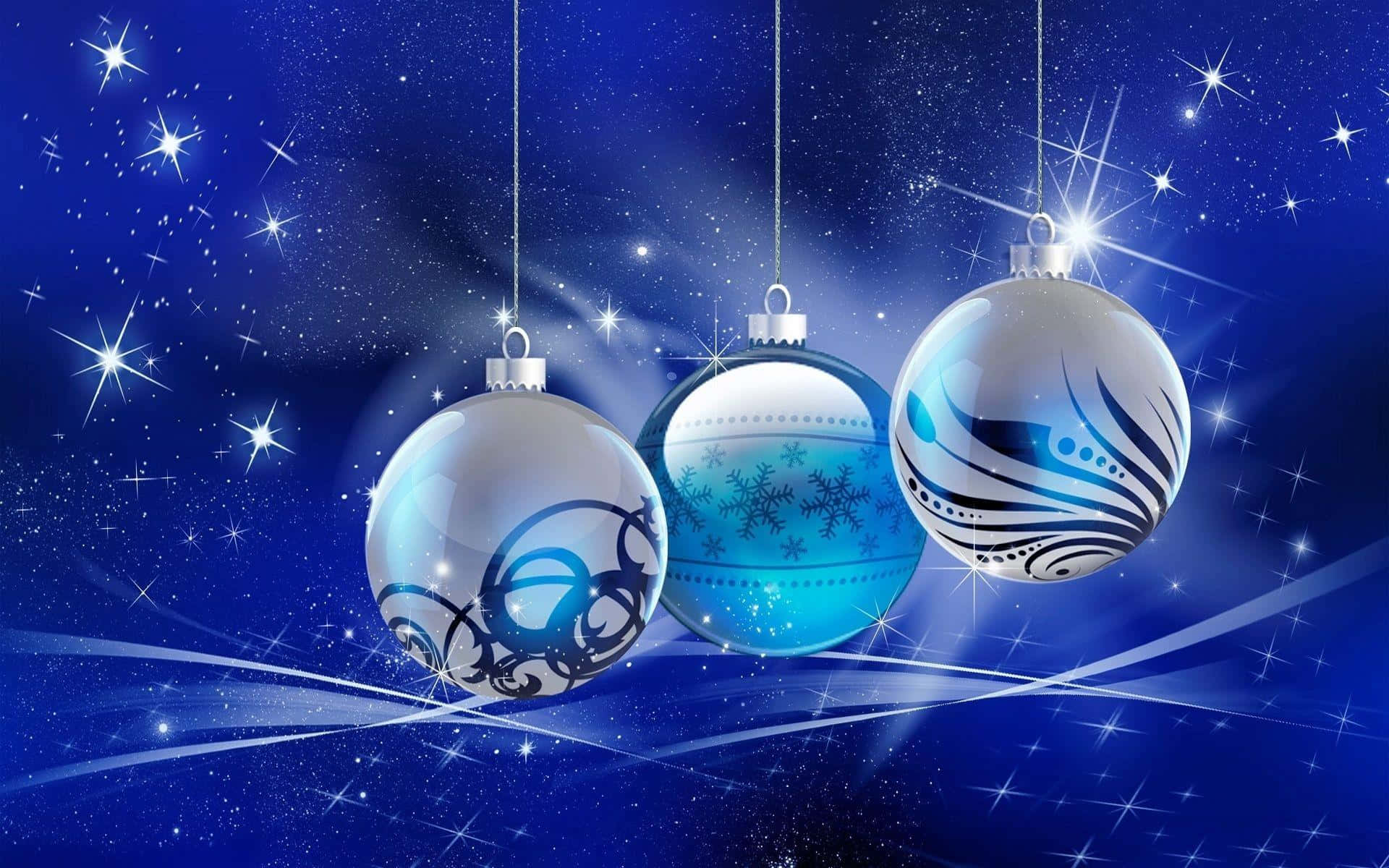 3d christmas, blue and silver Christmas ornaments, starry night sky, Full HD Desktop Wallpaper
