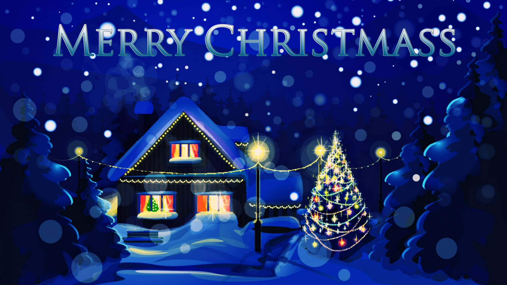 3d christmas, snow-covered cabin, starry night sky, Full HD Desktop Wallpaper