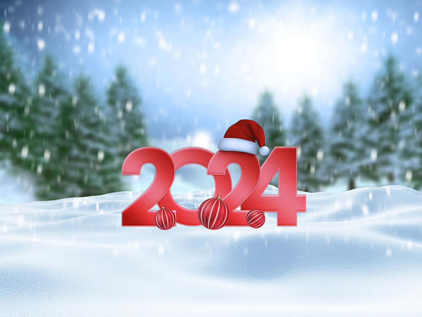 Red 3D 2024 numbers, Santa hat, ornaments, HD Desktop Wallpaper