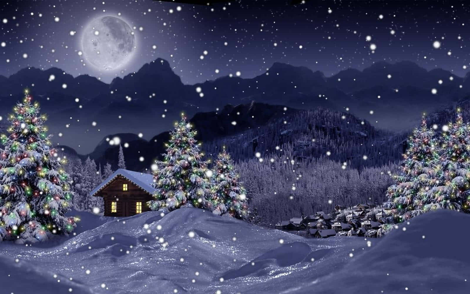 3d christmas, wooden cabin, snowy mountains, HD Desktop Wallpaper